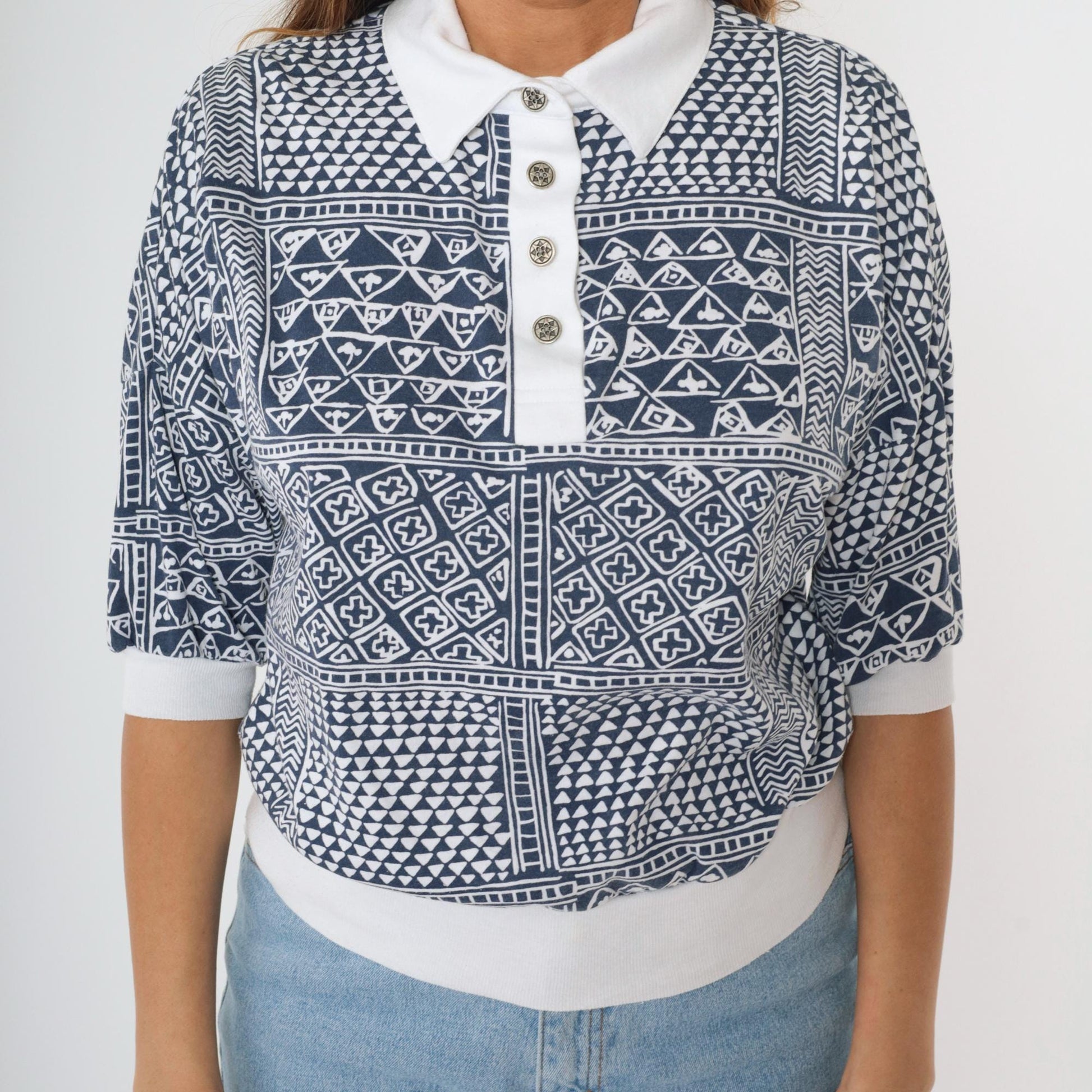 90s Drapers & Damons Geometric Patchwork Polo Shirt Navy White Dolman Medium