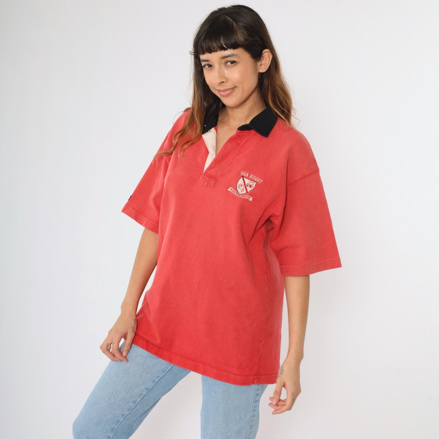 Y2K Barbarian Rugby Shirt SGA Crest Red Cotton Polo Large L