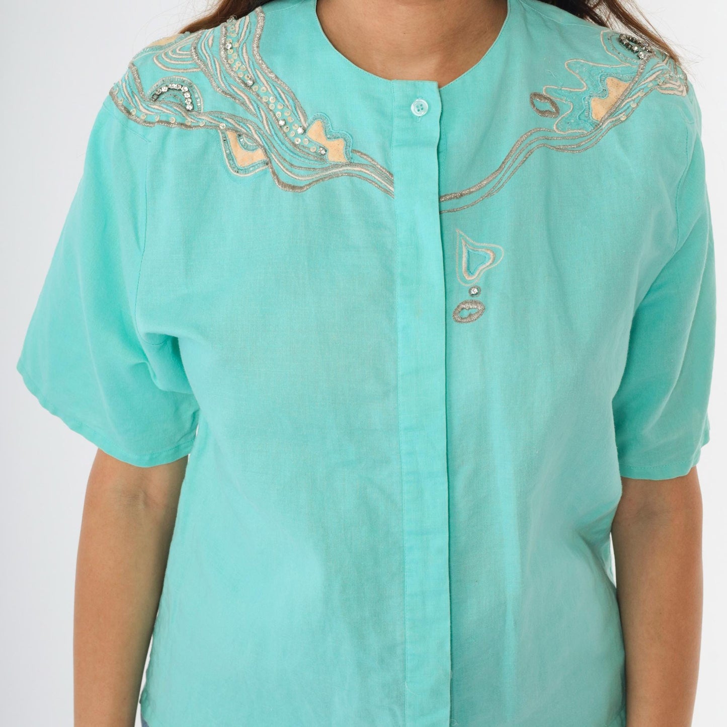 90s Aqua Sequin Rhinestone Embroidered Button Up Blouse Short Sleeve Medium M