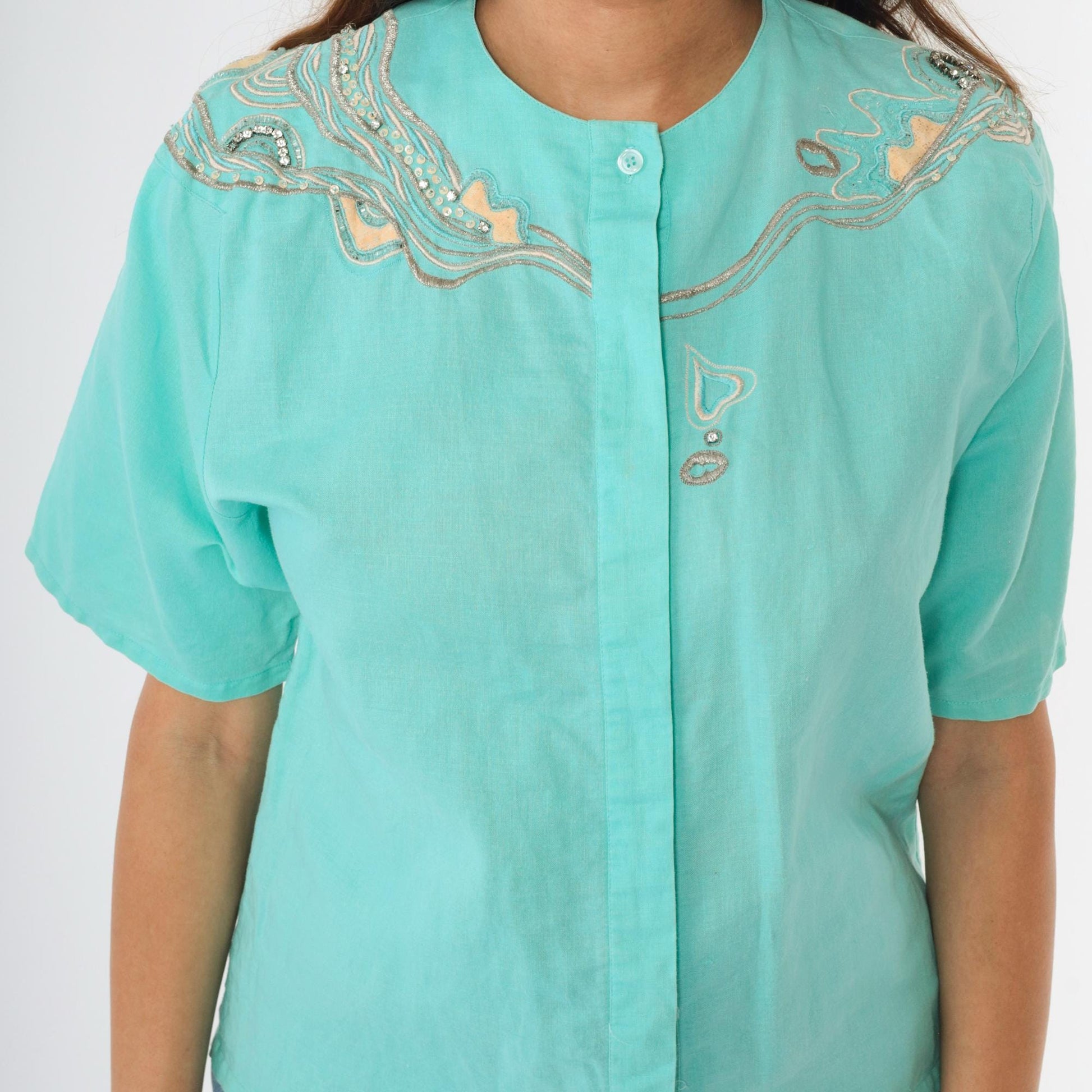 90s Aqua Sequin Rhinestone Embroidered Button Up Blouse Short Sleeve Medium M