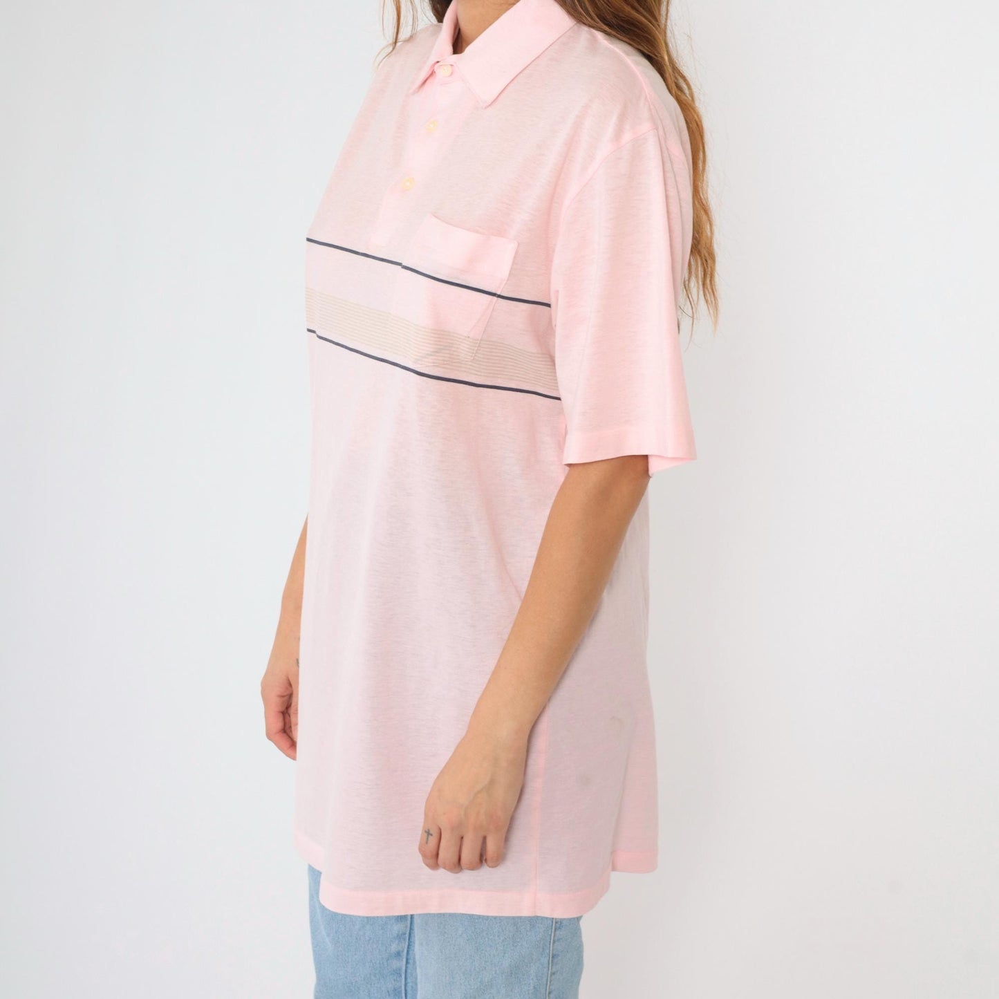 90s Career Club Striped Polo Shirt Pink Men's Extra Large Tall