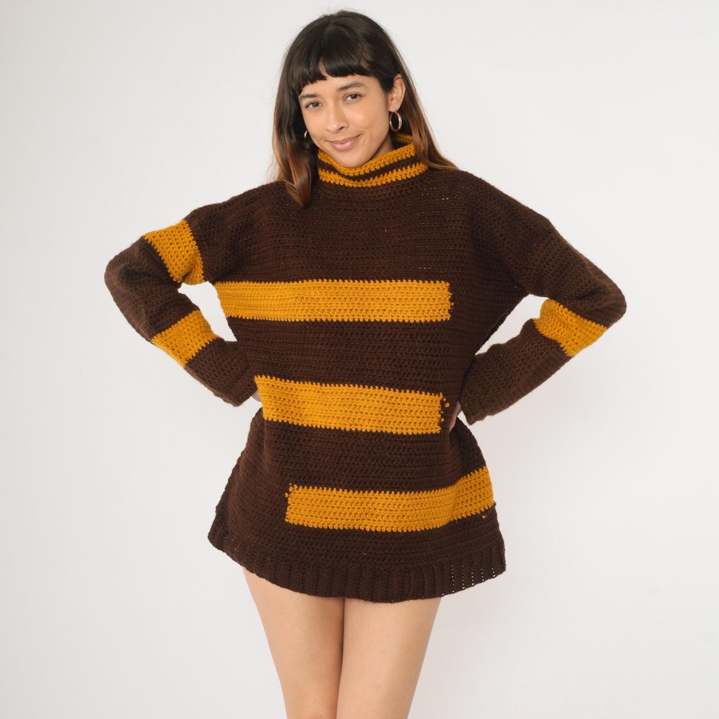 70s Striped Crochet Sweater Brown Mustard Mock Neck Pullover Extra Large