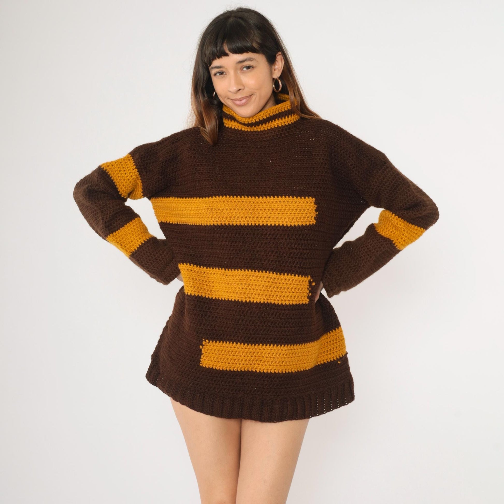70s Striped Crochet Sweater Brown Mustard Mock Neck Pullover Extra Large