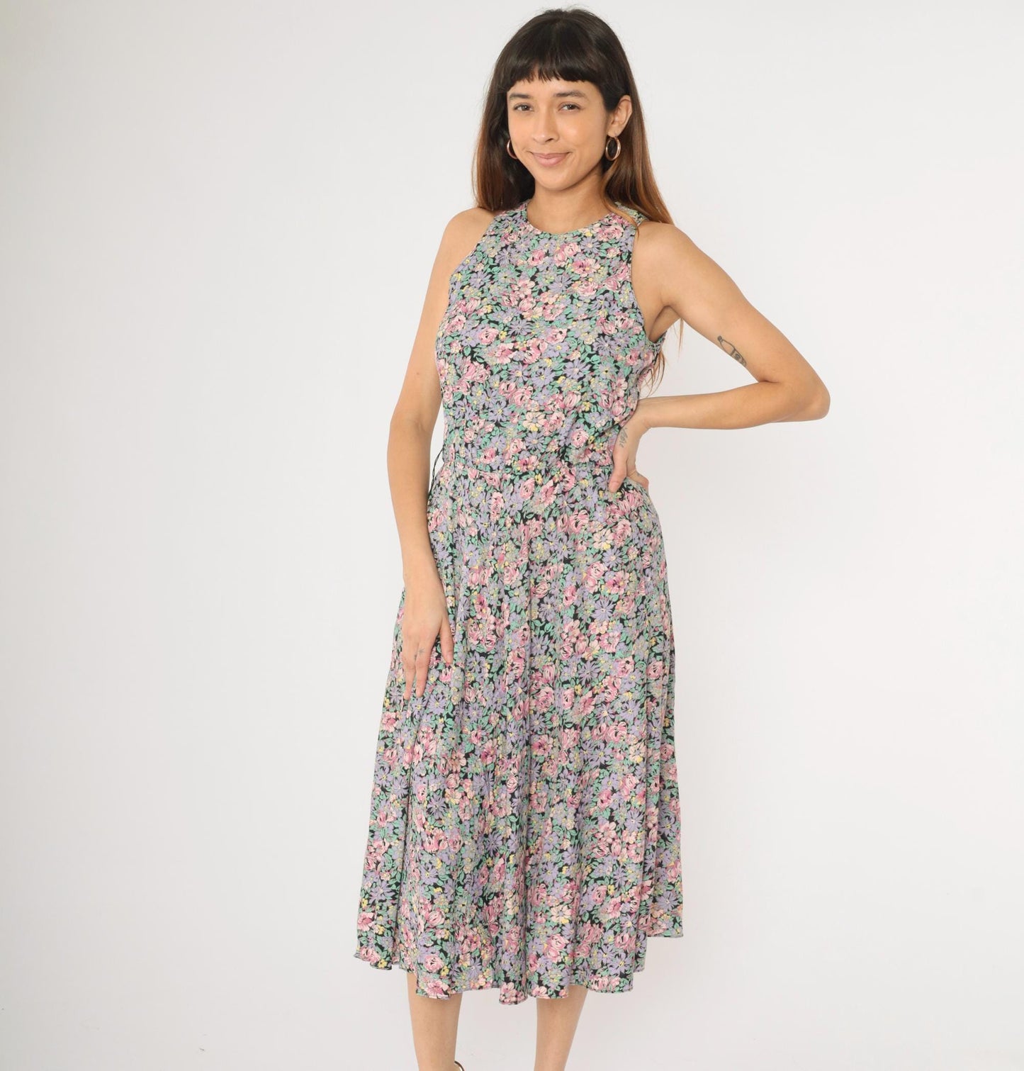 90s Ed Michaels Floral Midi Dress Pink Purple Sleeveless Small