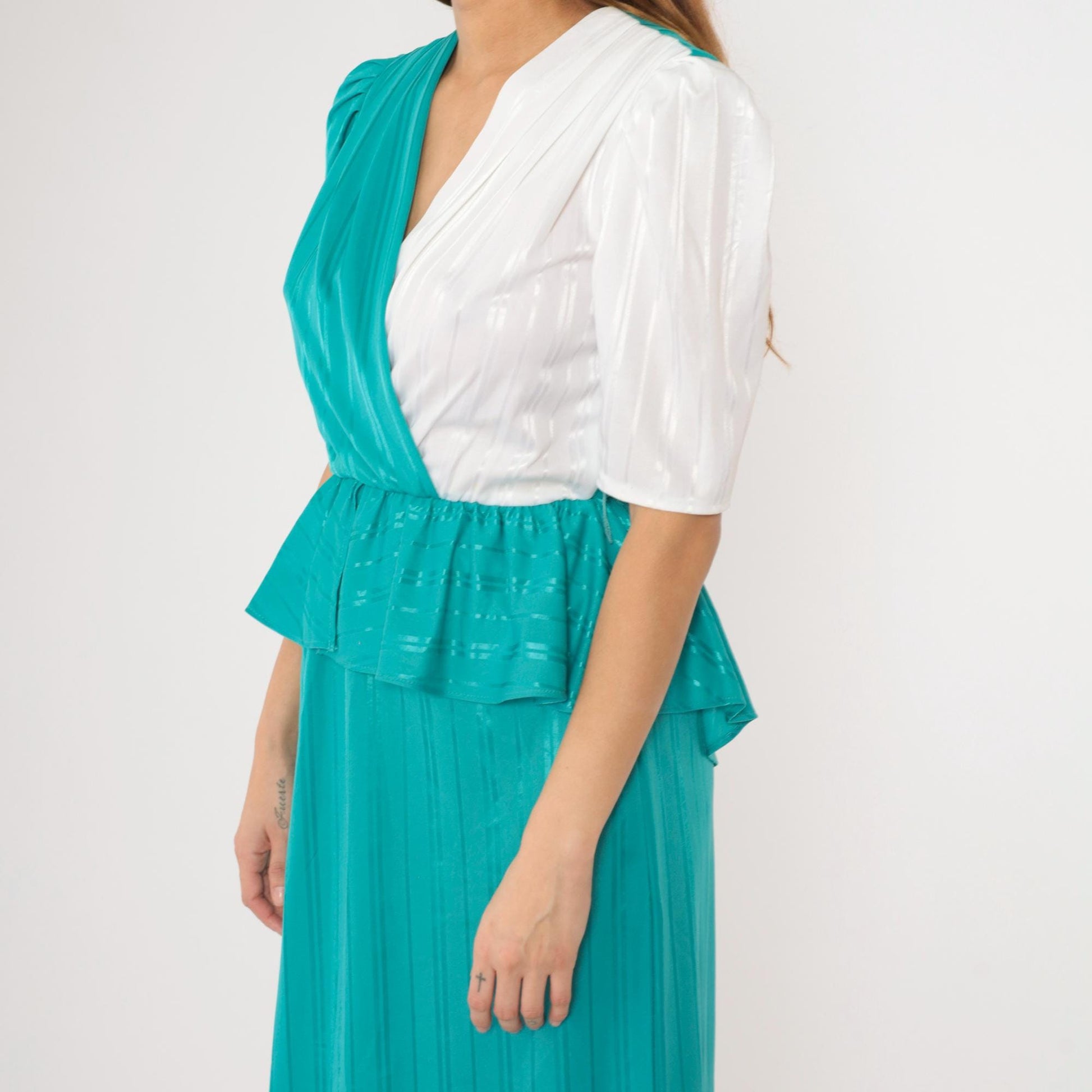 80s Sally Lou Teal Green Striped Peplum Midi Dress Puff Sleeve Small