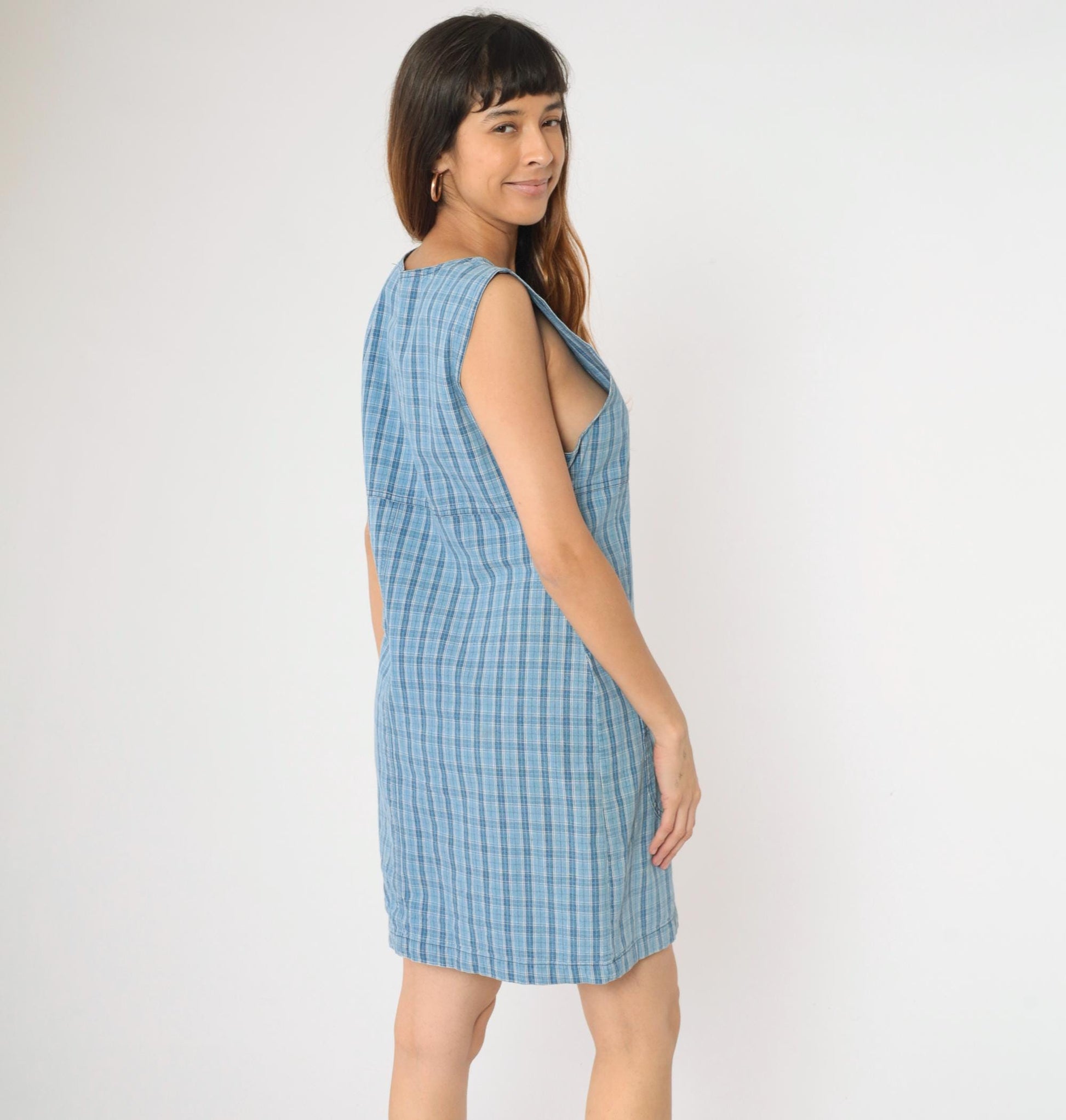 90s Cherokee Blue Plaid Mini Jumper Dress Sleeveless Shift Medium M
