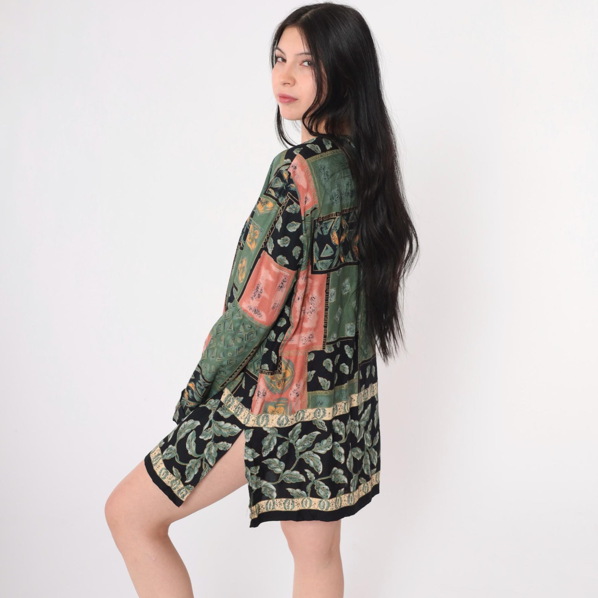 90s Patchwork Mini Dress Button-Up Long Sleeve Green Black Coral Medium M