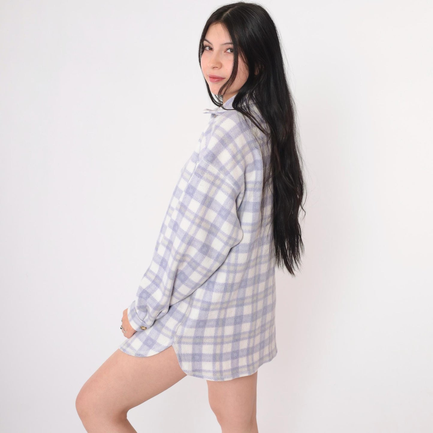 90s Cherokee Plaid Fleece Shirt Jacket Purple White Button Up Large