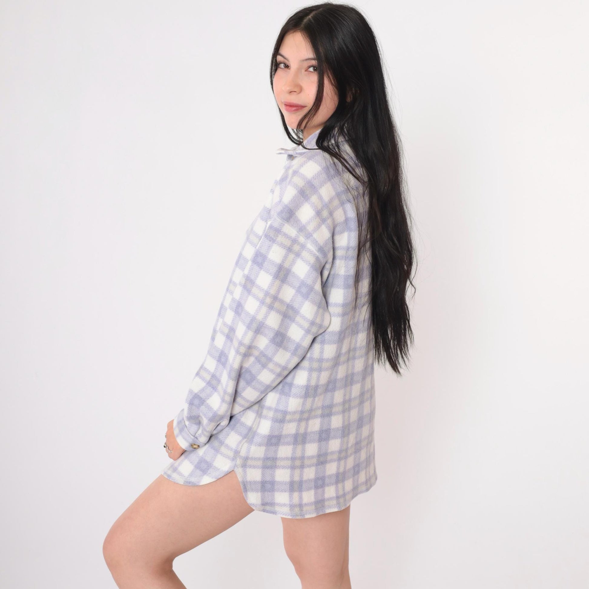 90s Cherokee Plaid Fleece Shirt Jacket Purple White Button Up Large