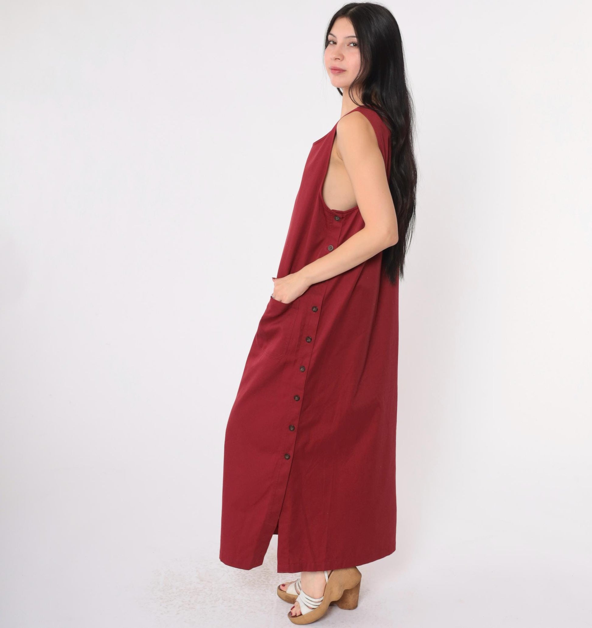 Y2K Burgundy Maxi Jumper Dress Sleeveless Button Side Pockets Medium M