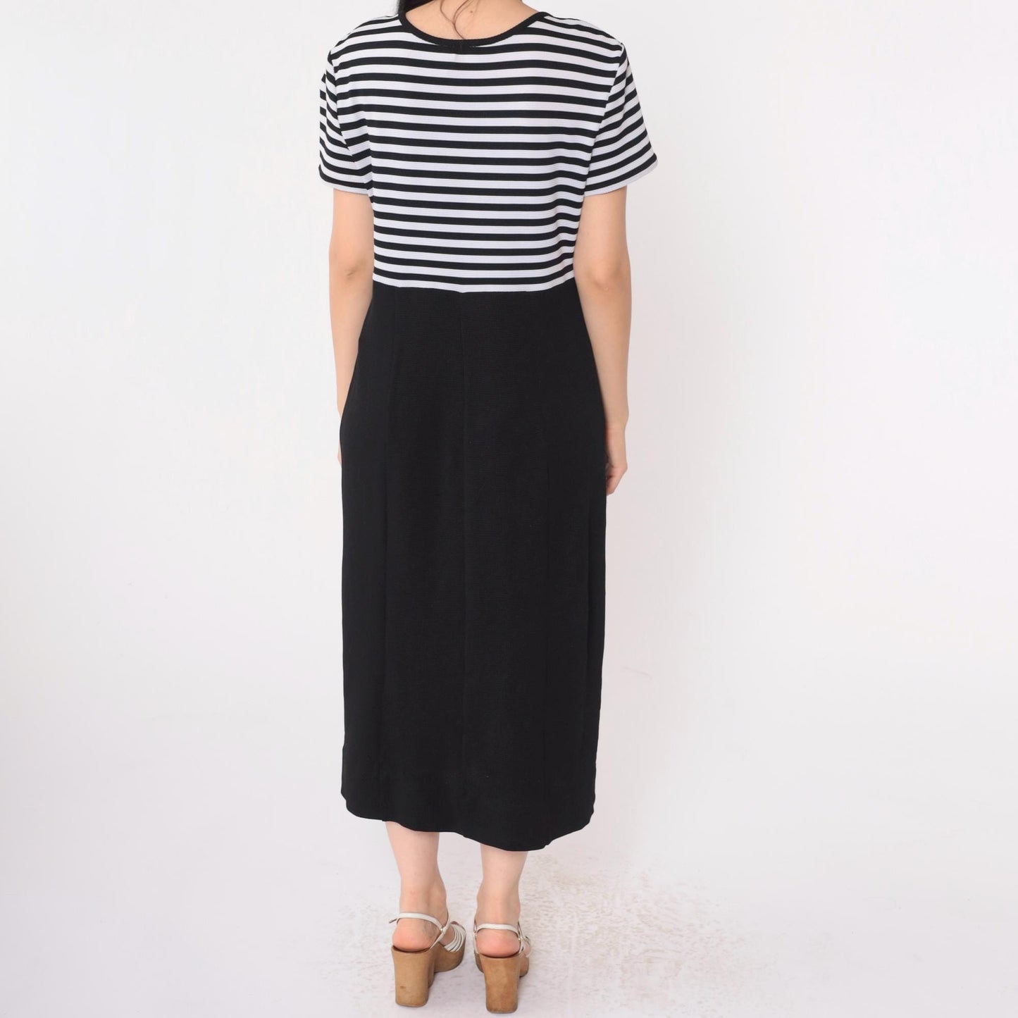 Y2K Black and White Striped Midi Dress Double-Breasted Scoop Neck Medium