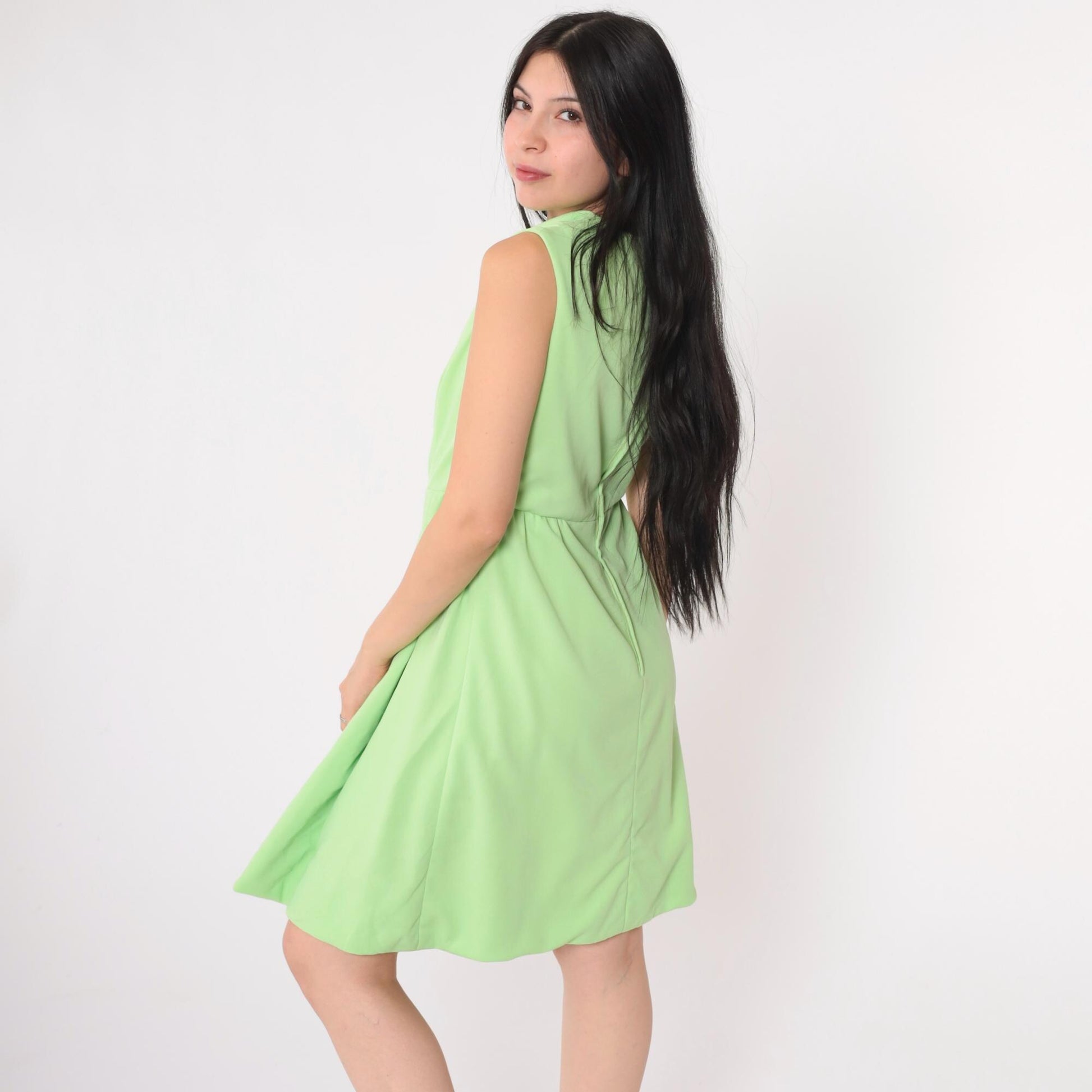 1970s Lime Green Cowl Neck Shift Dress Mini Sleeveless Small S