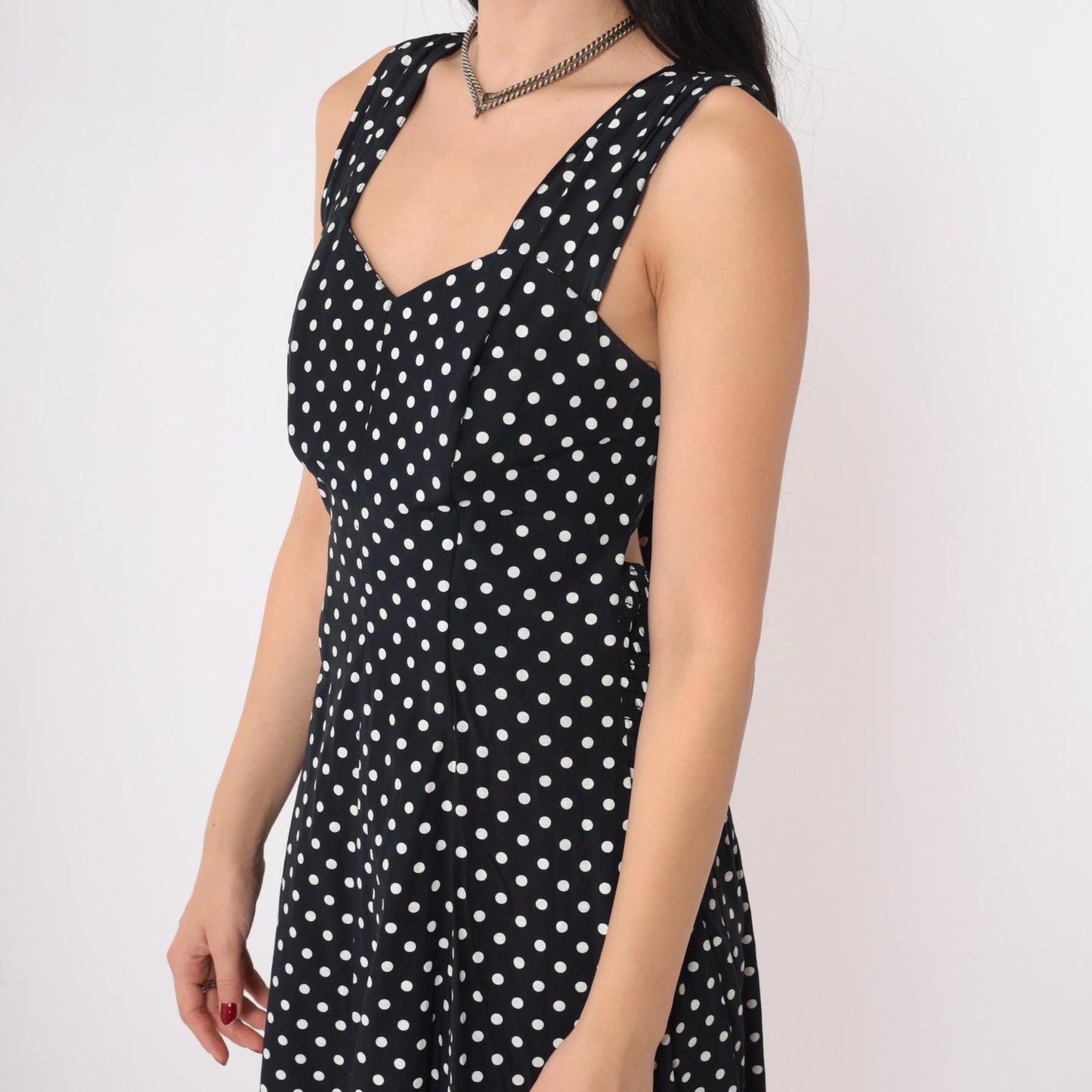 90s Black White Polka Dot Mini Dress Keyhole Back Smocked Sundress Small