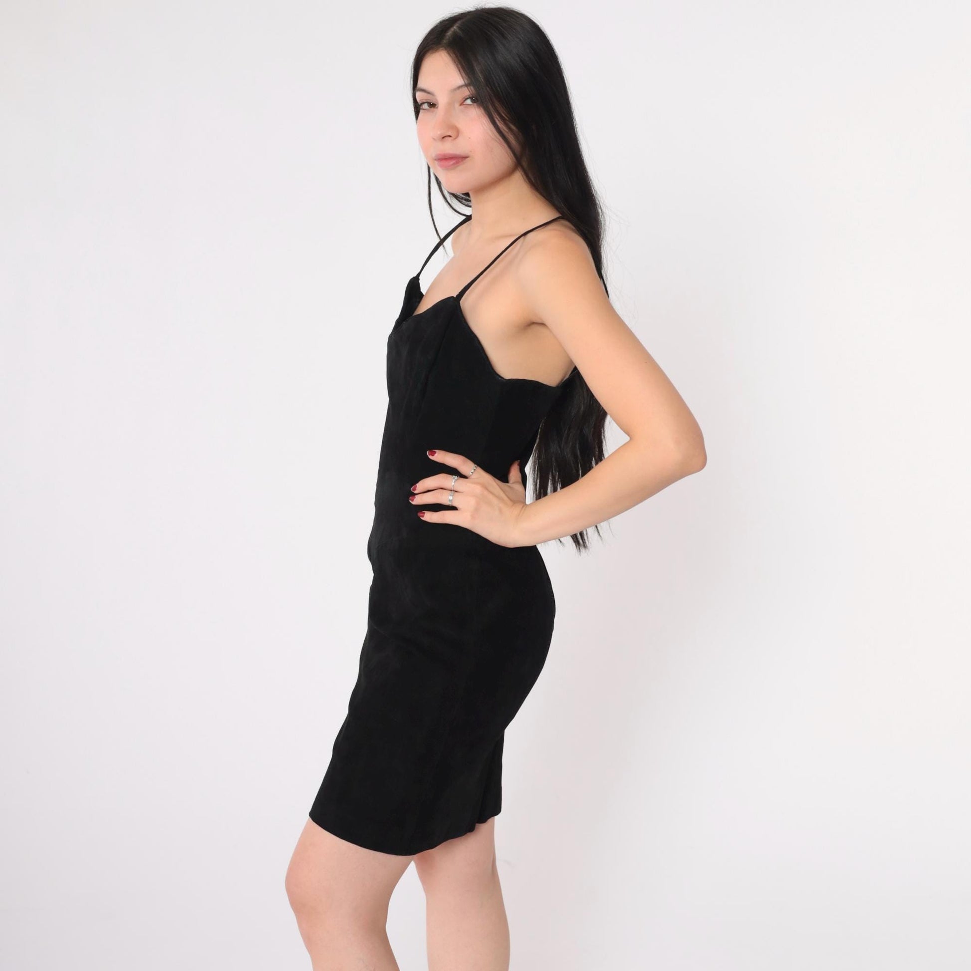 80s Wilsons Leather Black Suede Mini Dress Bodycon Sweetheart Neckline Small
