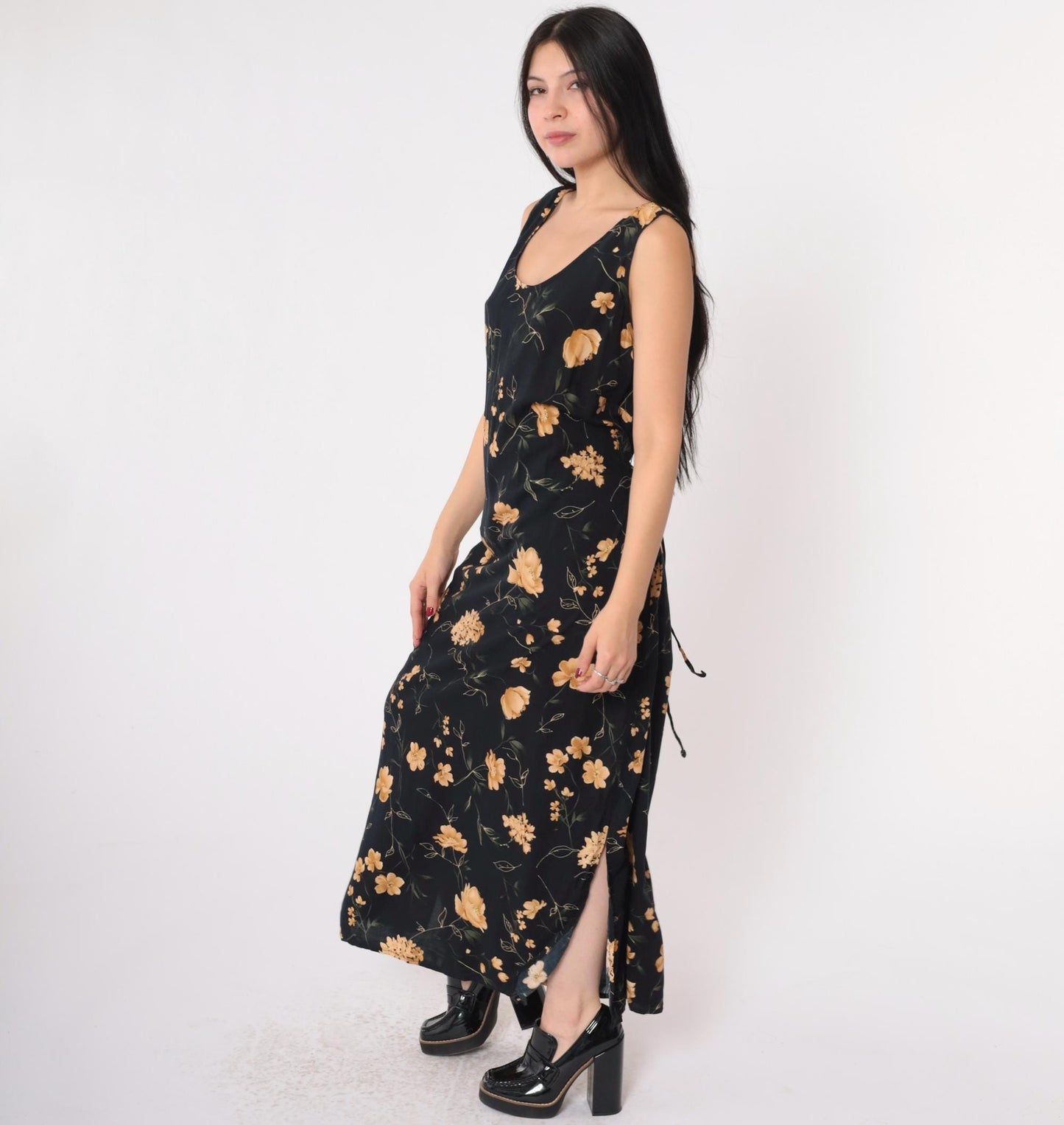 90s Black Floral Maxi Sundress Y2K Gold Print Sleeveless Scoop Neck Side Slit 16W