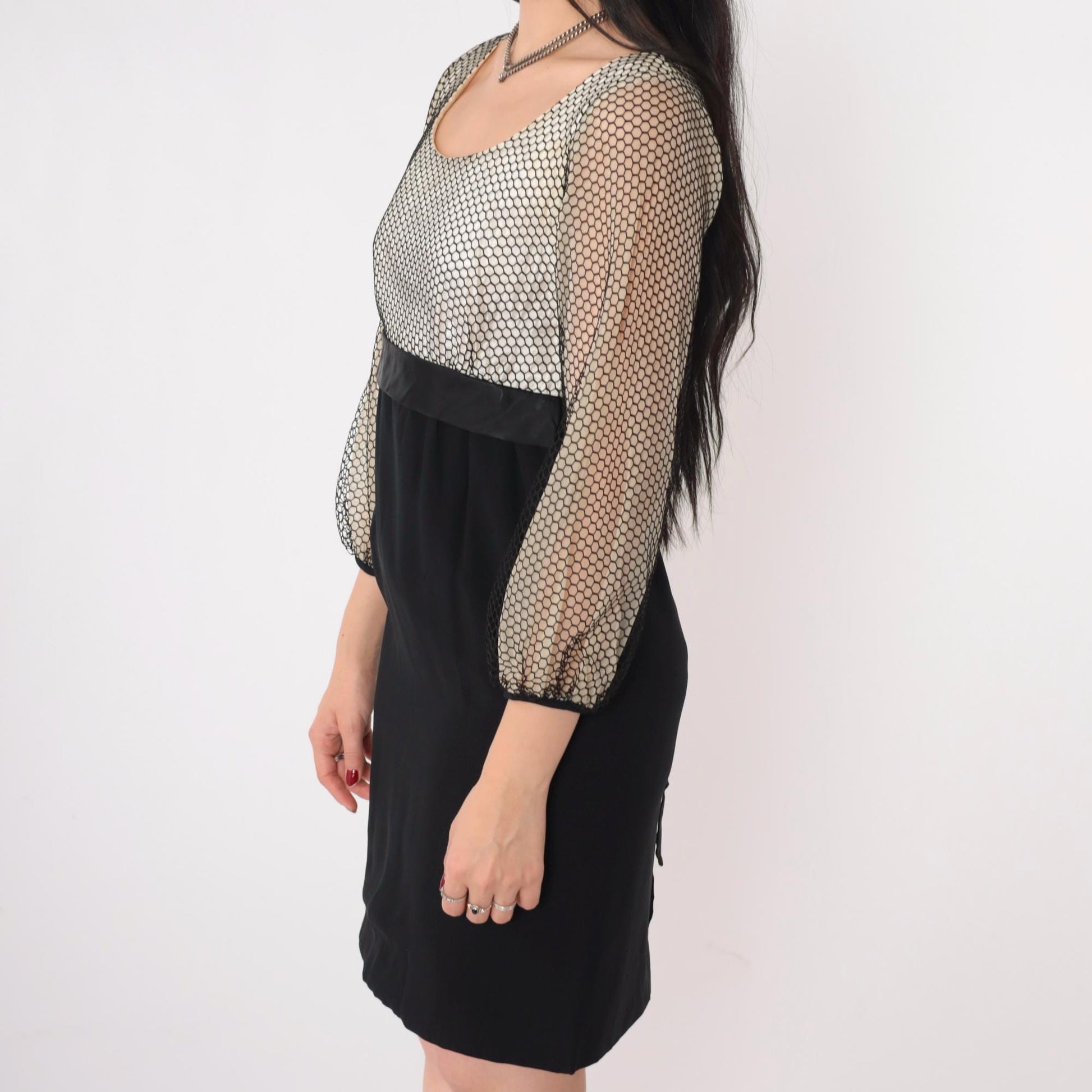 60s Black White Honeycomb Mesh Party Dress High Waist Bow Mini Small