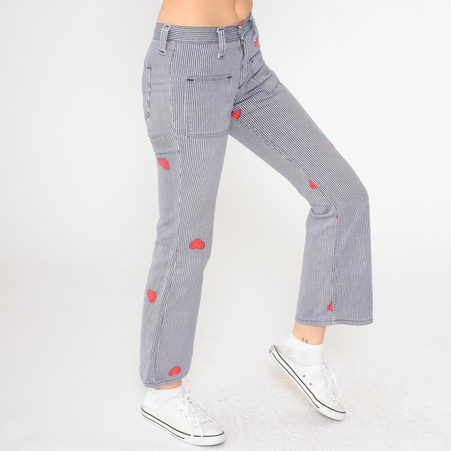 70s Wrangler Bell Bottom Jeans Hickory Striped Heart Patch Blue XXS