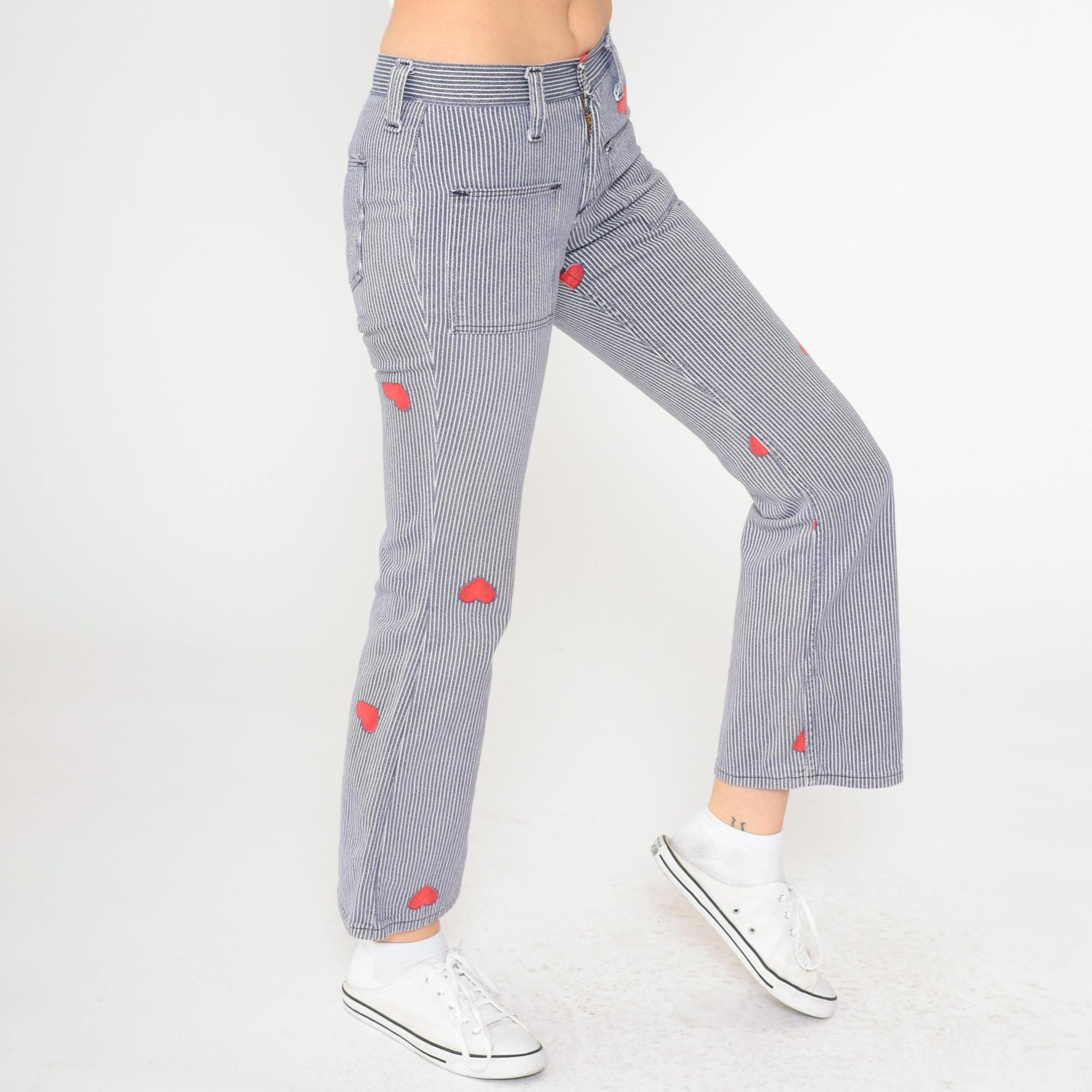 70s Wrangler Bell Bottom Jeans Hickory Striped Heart Patch Blue XXS