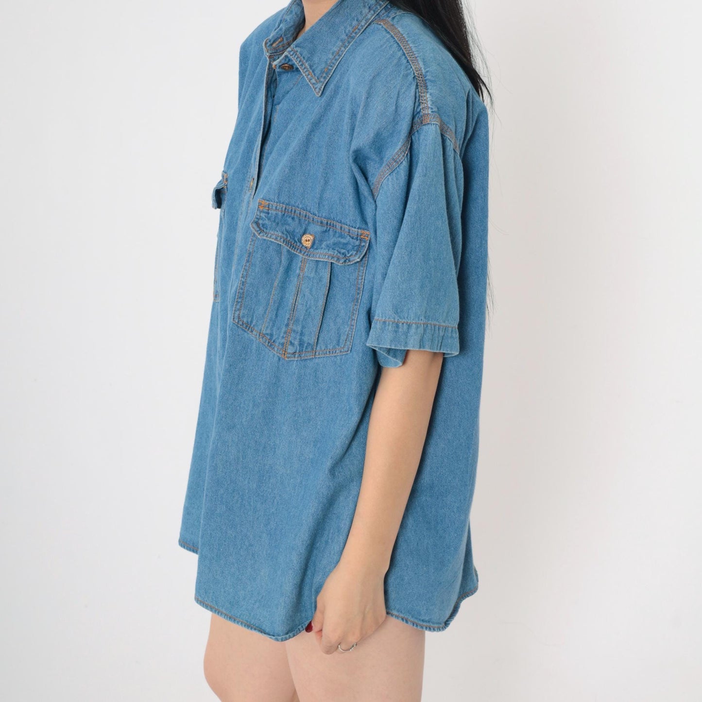 90s Blue Denim Button-Up Shirt Short Sleeve Collared Cotton Medium