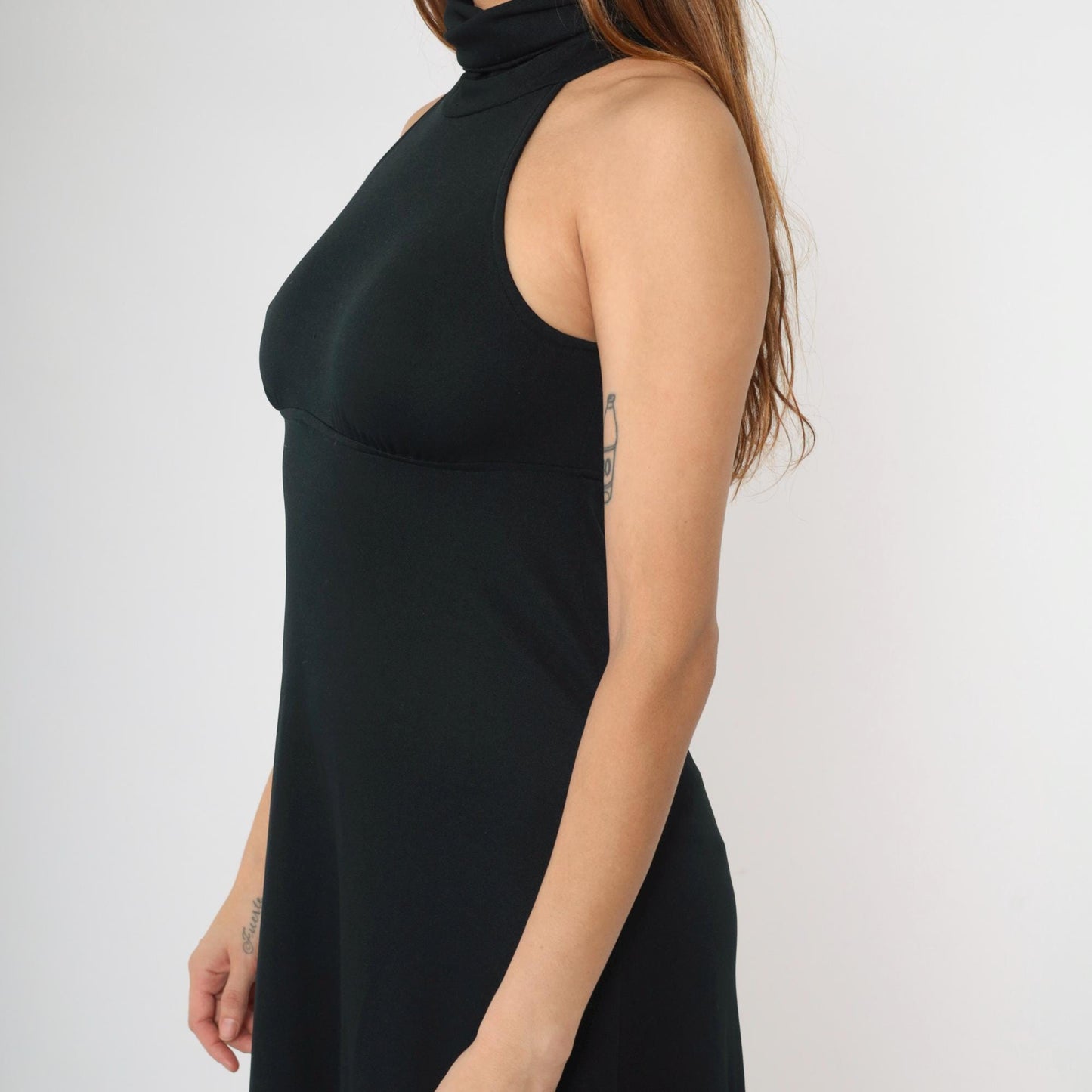70s Black Maxi Dress Racerback Keyhole Cutout Empire Waist Turtleneck XS