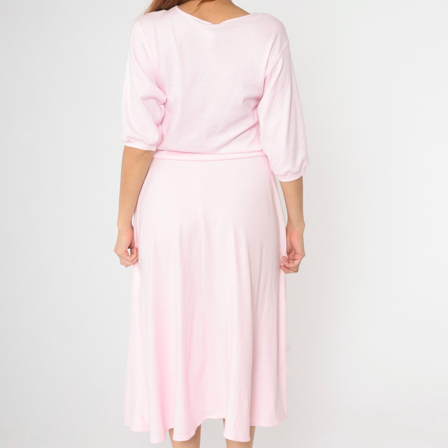 80s Baby Pink Midi Shirtdress Button-Up High Waist Half Sleeve Medium
