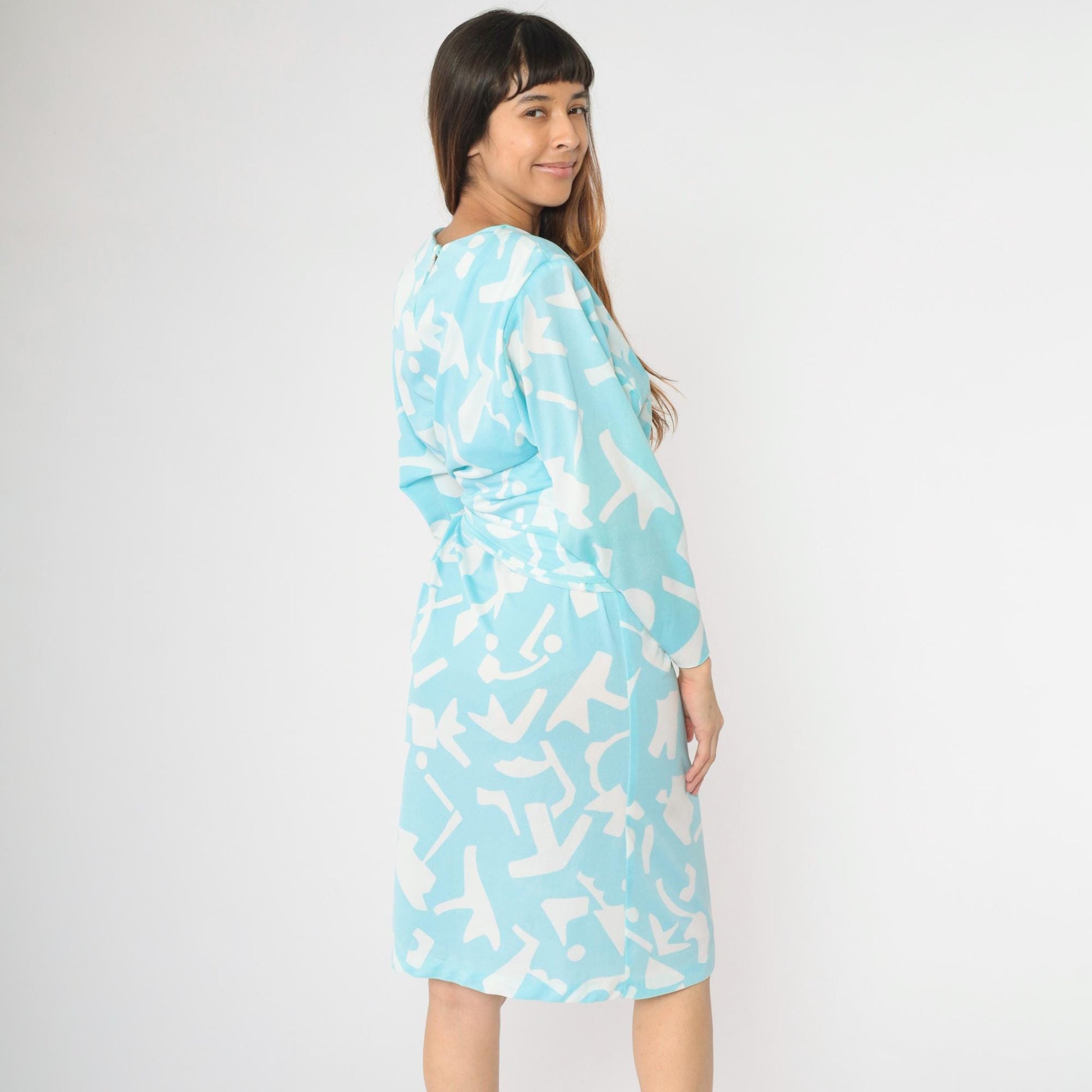 80s Blue White Abstract Geometric Dolman Sleeve Midi Dress Large L