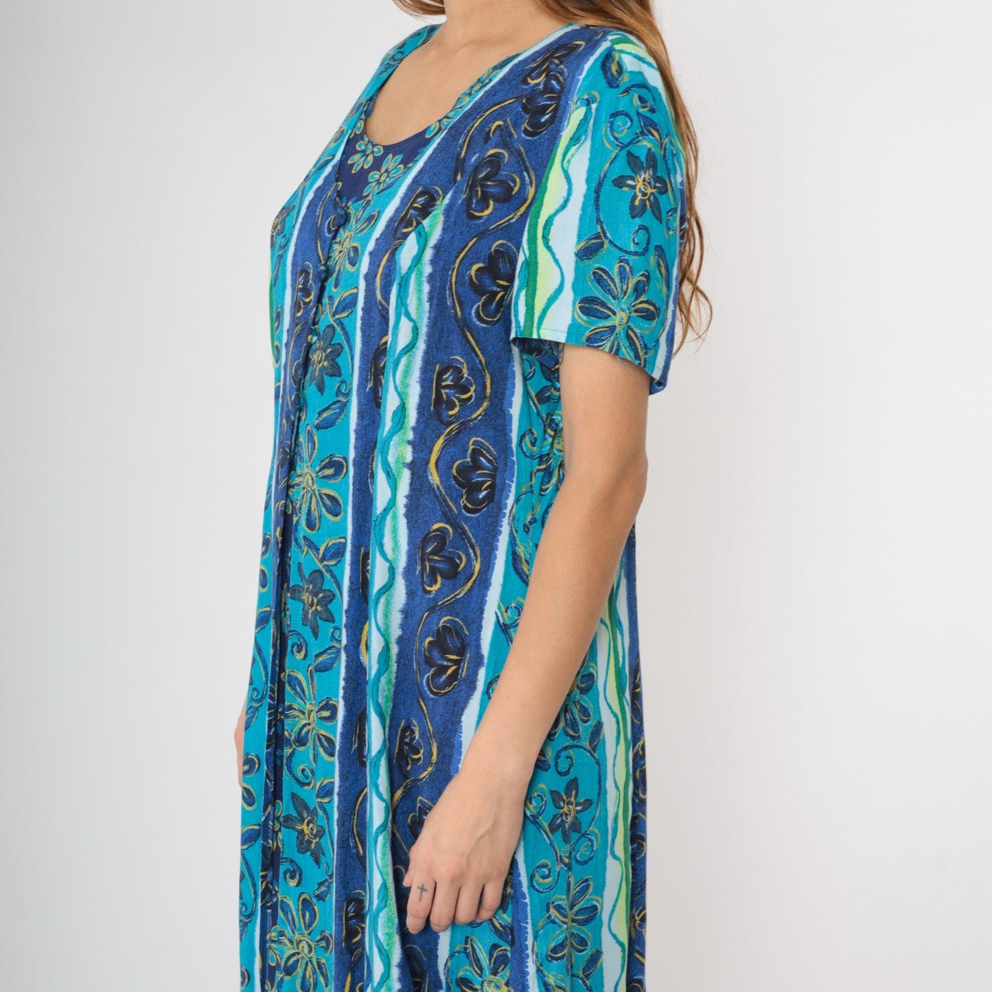 Y2K Blue Striped Floral Button-Up Midi Dress Short Sleeve Ankle Length Size 16