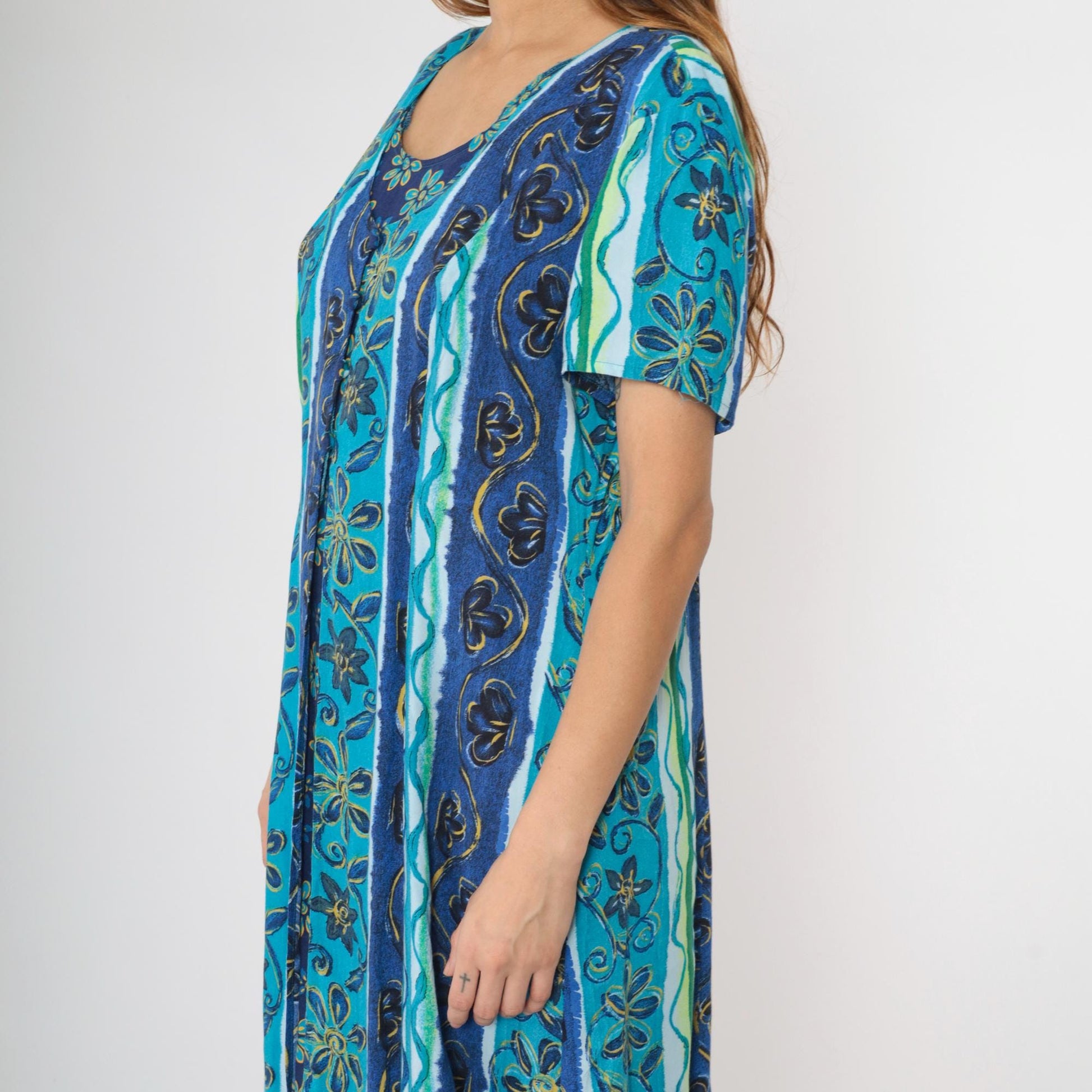 Y2K Blue Striped Floral Button-Up Midi Dress Short Sleeve Ankle Length Size 16