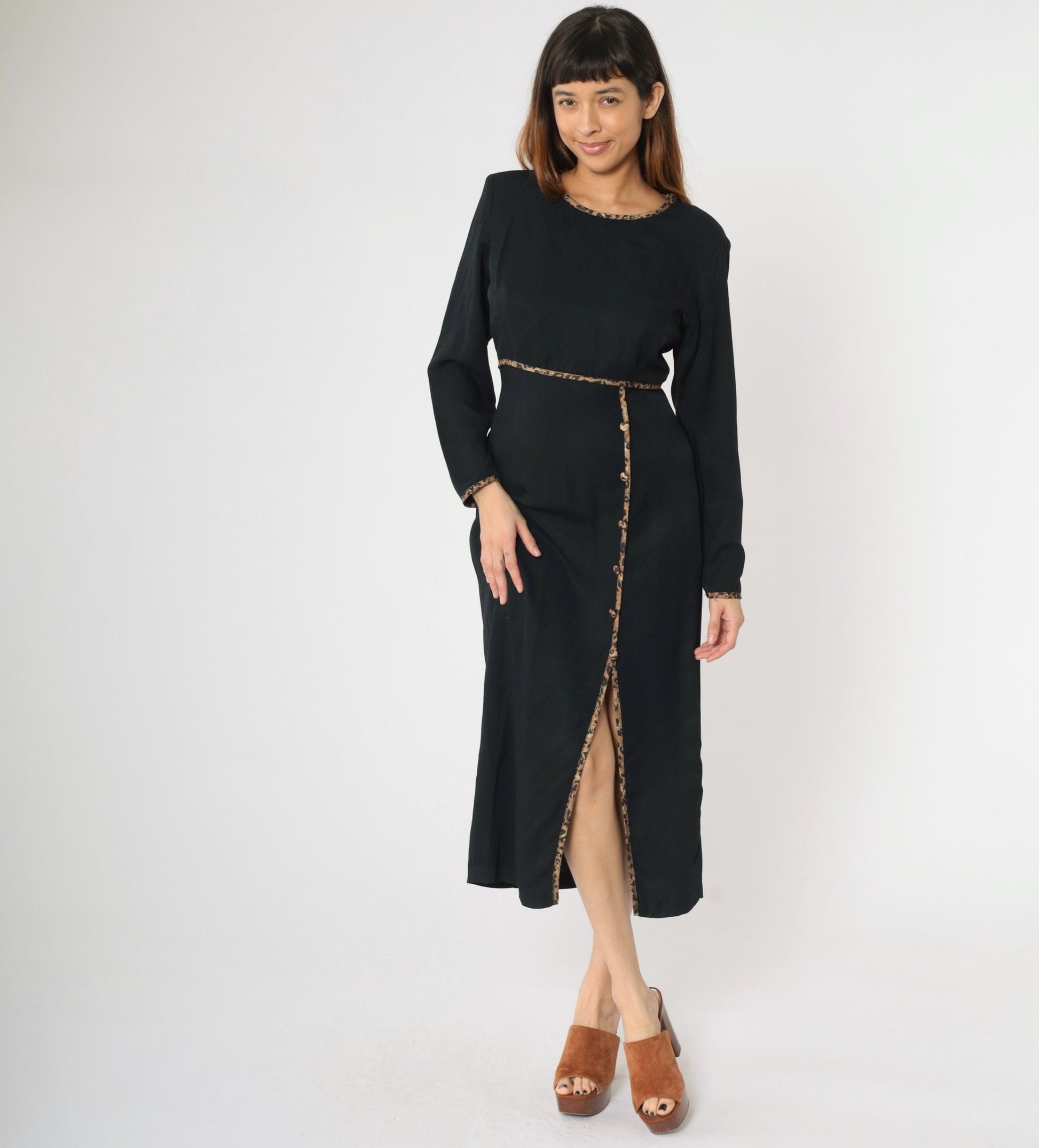 90s David Benjamin Black Midi Dress Leopard Trim High Waist Front Slit Medium