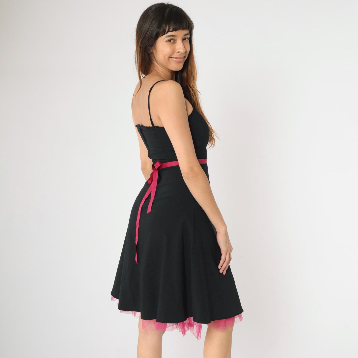 90s City Triangles Black Midi Dress Hot Pink Tulle Spaghetti Strap Small