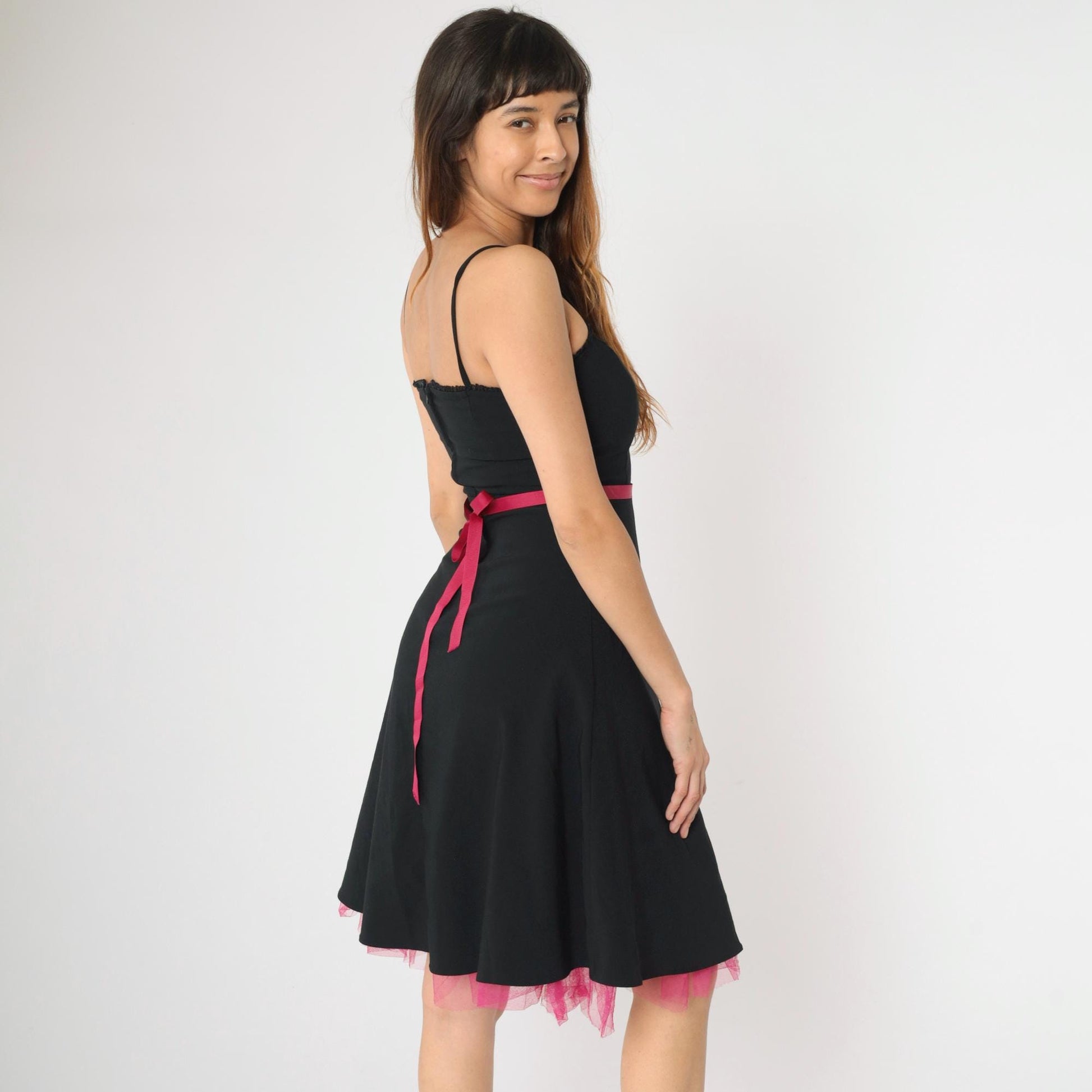90s City Triangles Black Midi Dress Hot Pink Tulle Spaghetti Strap Small