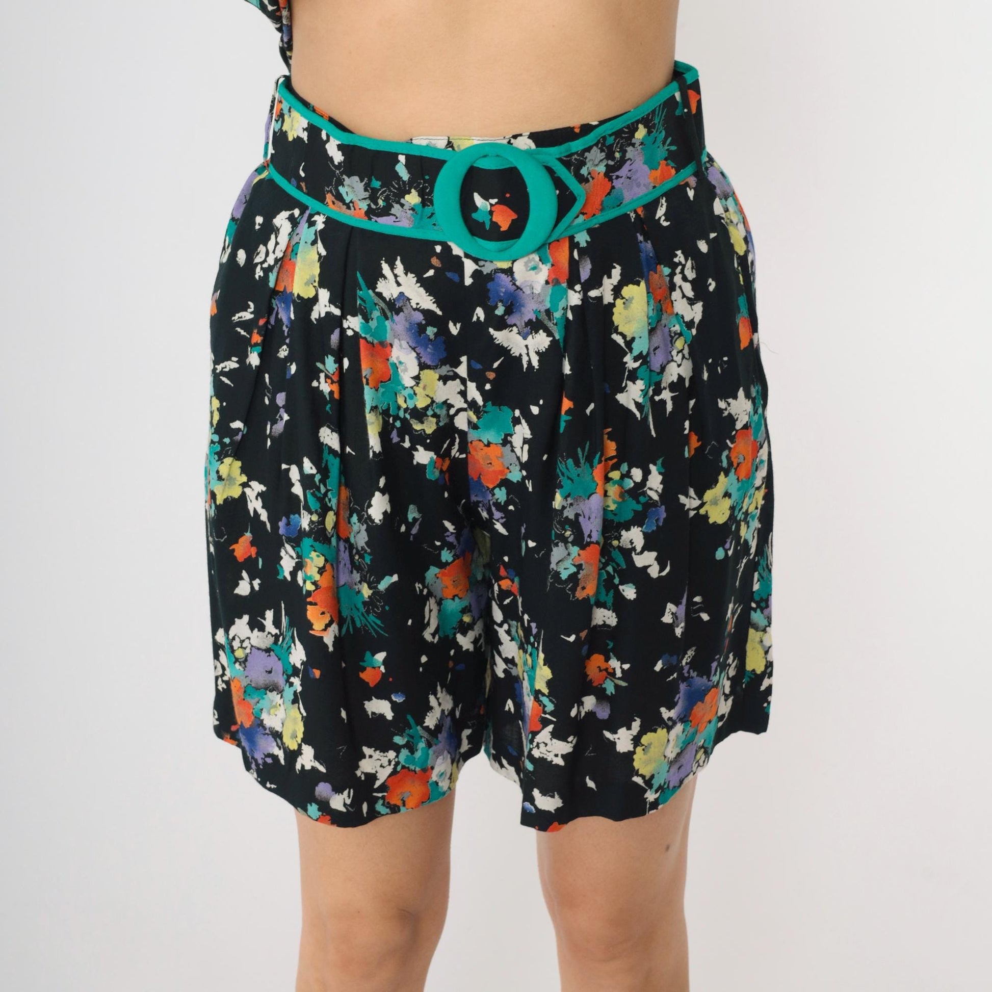 80s Synari Petites Floral Two-Piece Set Jacket Shorts Pleated Small