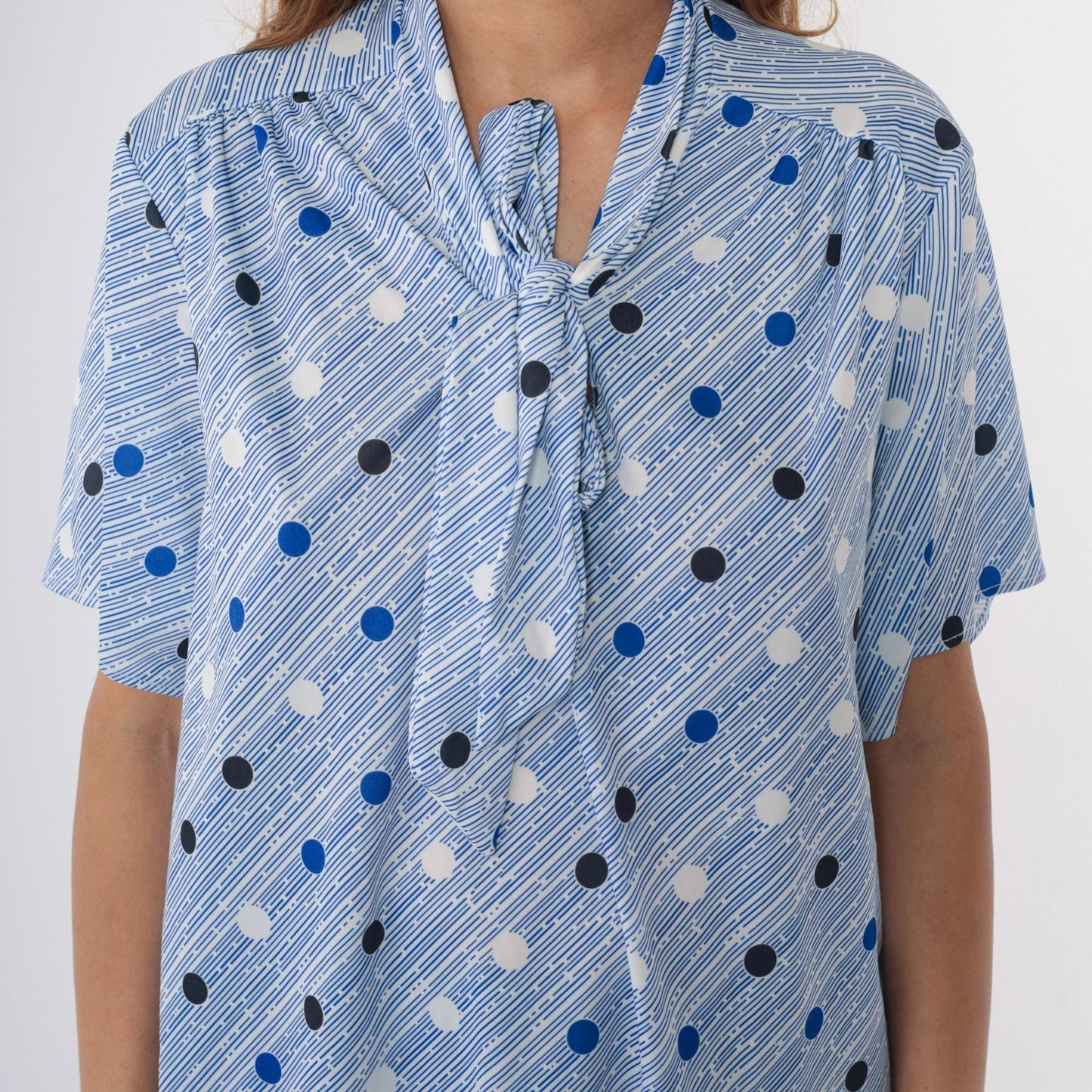 80s Tiger Lily Polka Dot Ascot Blouse Blue White Striped Short Sleeve Extra Large