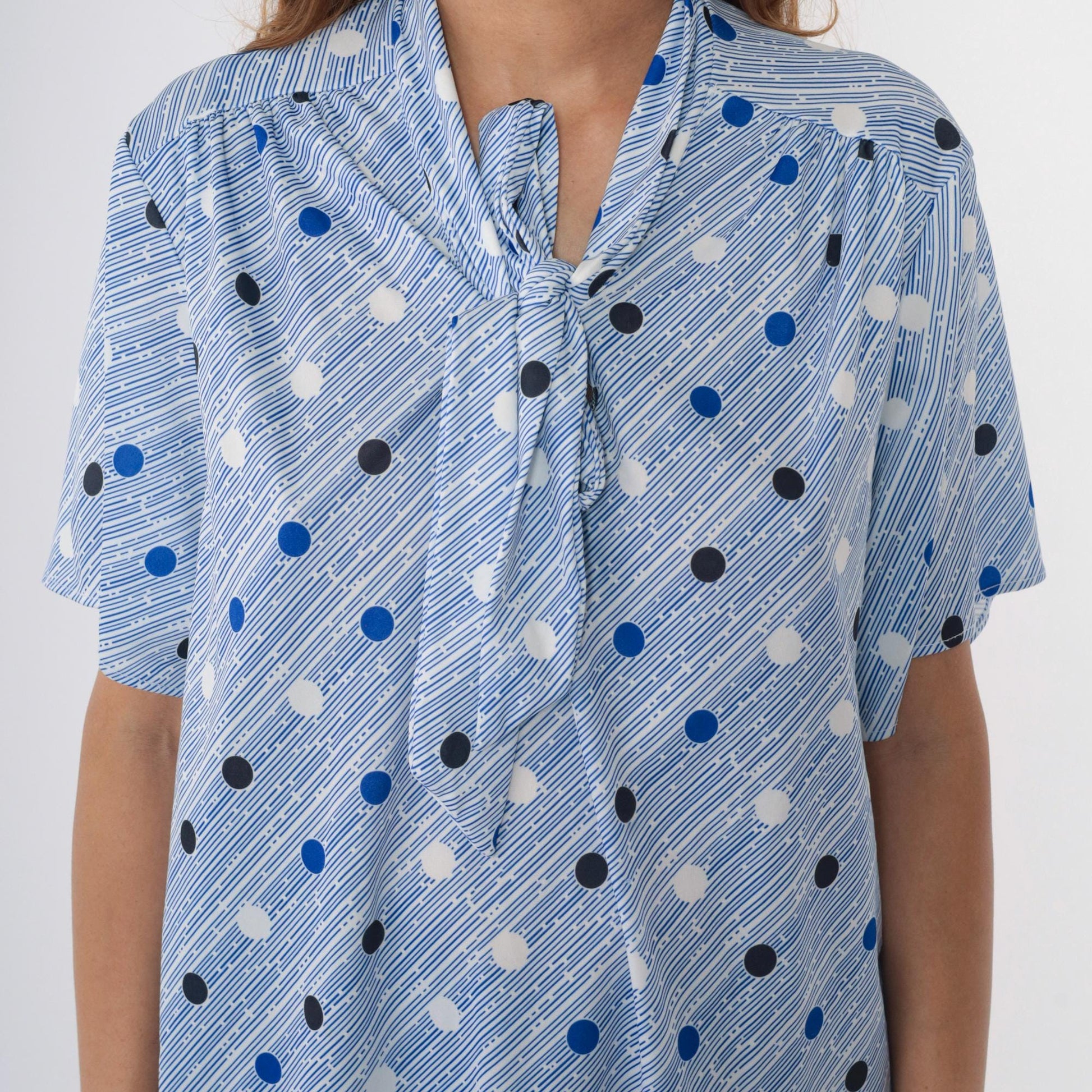 80s Tiger Lily Polka Dot Ascot Blouse Blue White Striped Short Sleeve Extra Large