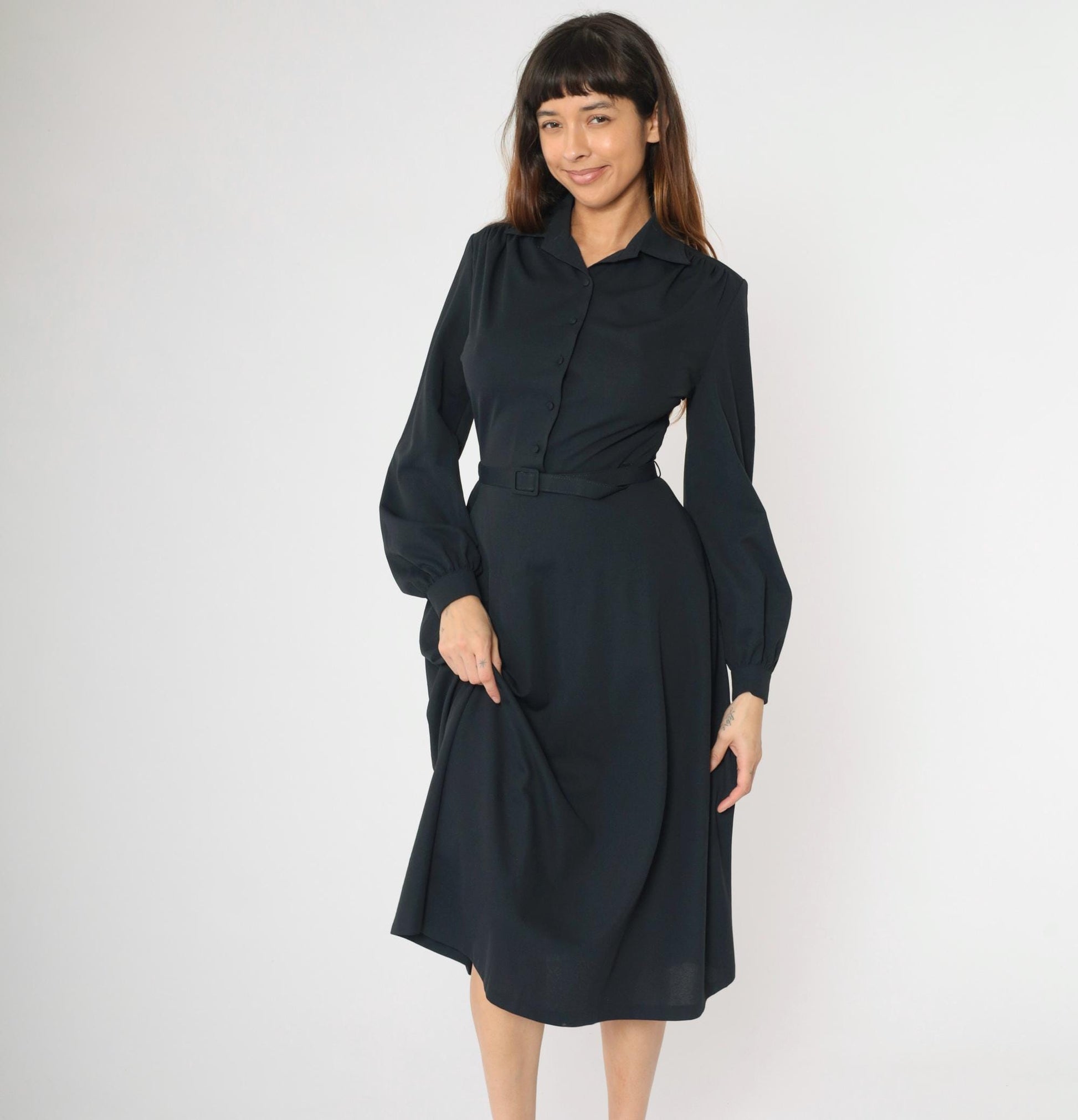 70s Black Midi Shirtdress Button-Up High Waisted Belted Collared Small S