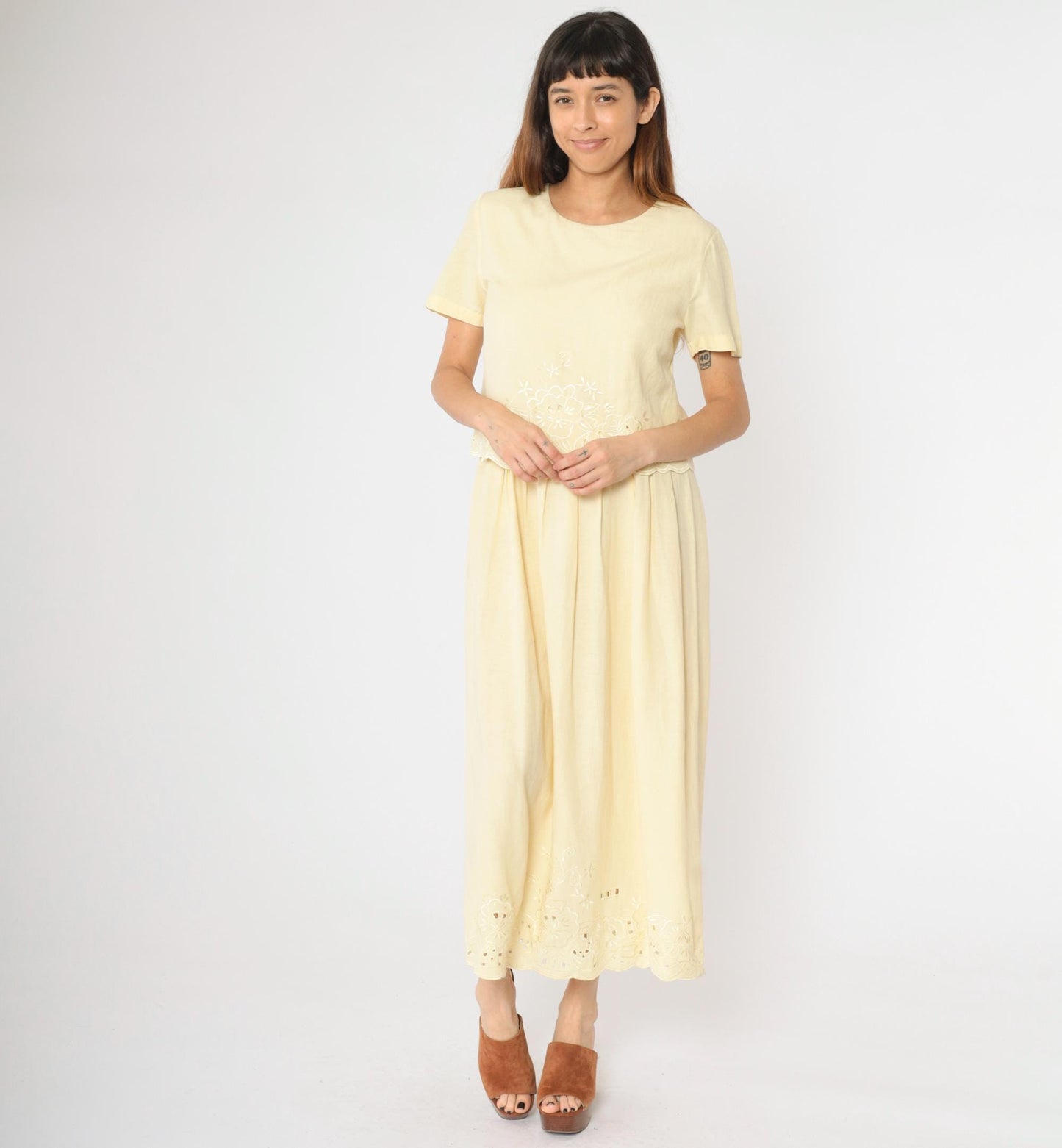 Y2K Coldwater Creek Floral Embroidered Maxi Dress Yellow Eyelet Small 6