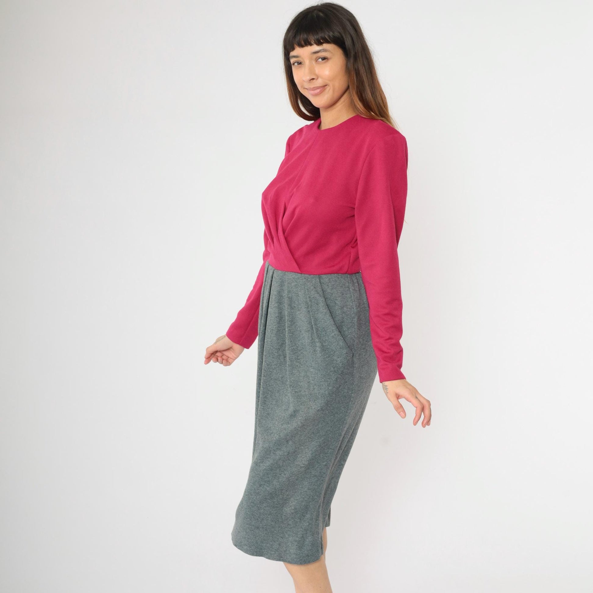 80s Leslie Fay Two-Tone Midi Dress Fuchsia Grey Pleated Small