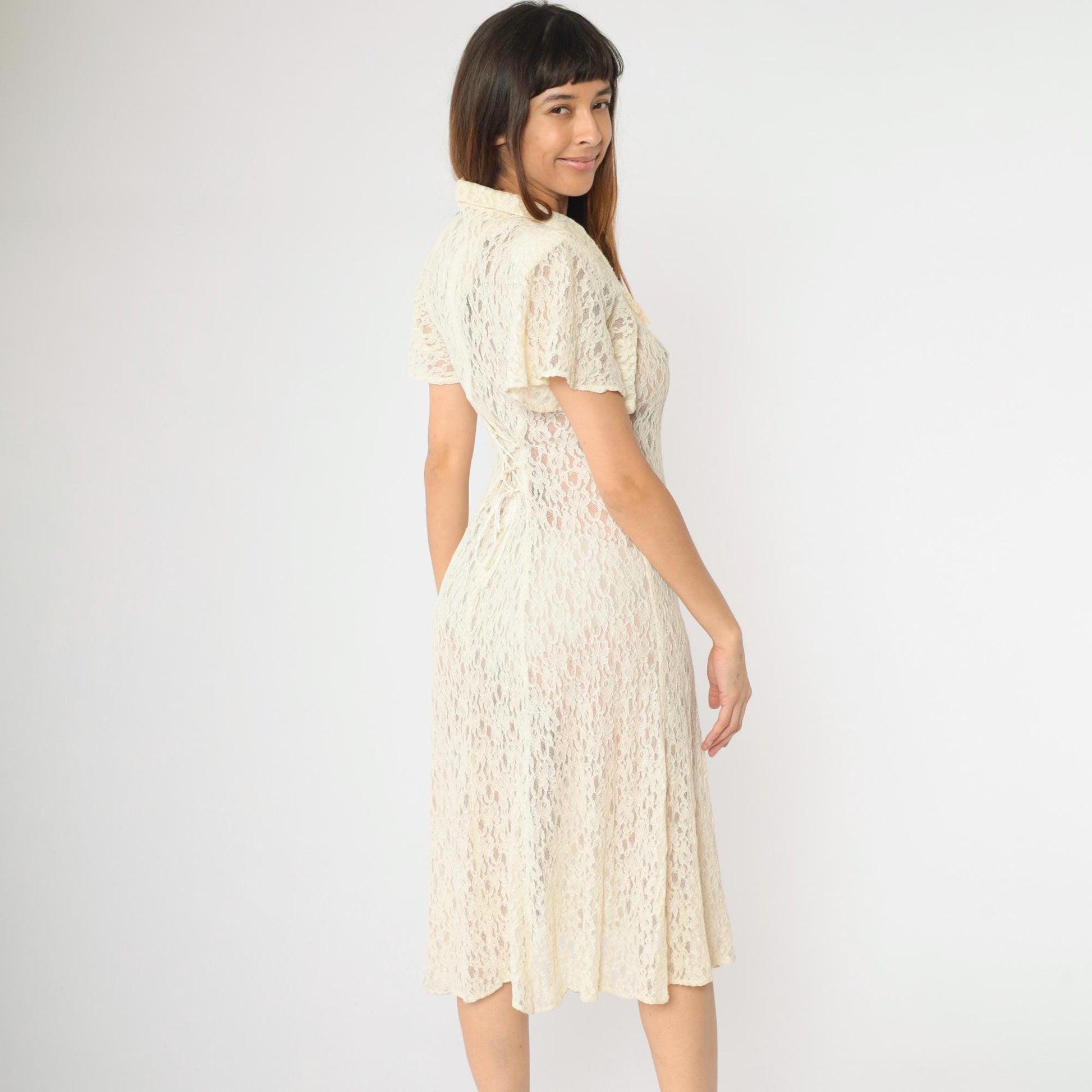 90s Cream Lace Midi Dress Short Sleeve Button Front Sheer Small S