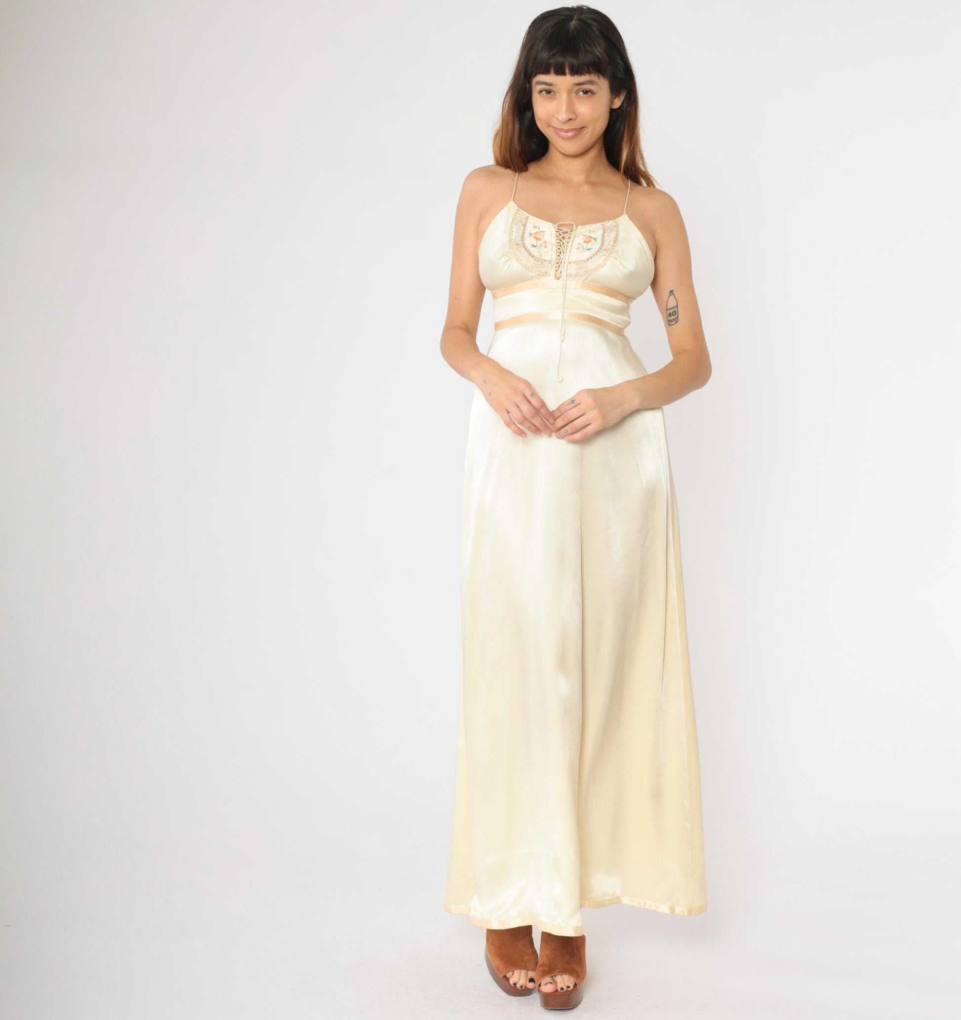 70s Gunne Sax Cream Satin Maxi Dress Floral Embroidered Empire Waist Extra Small