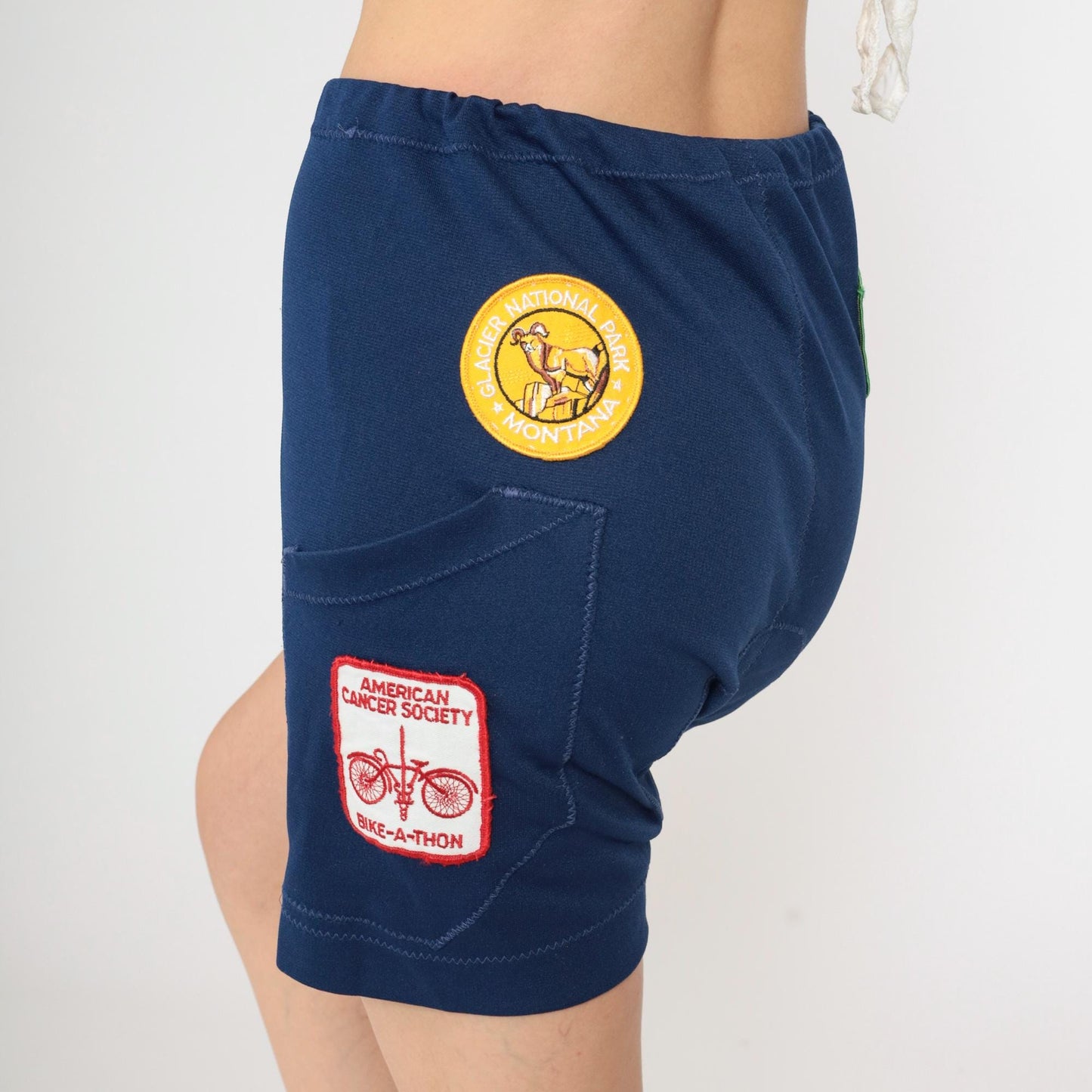 80s Navy Cycling Shorts National Park Patches High Waist Leather Chamois Medium