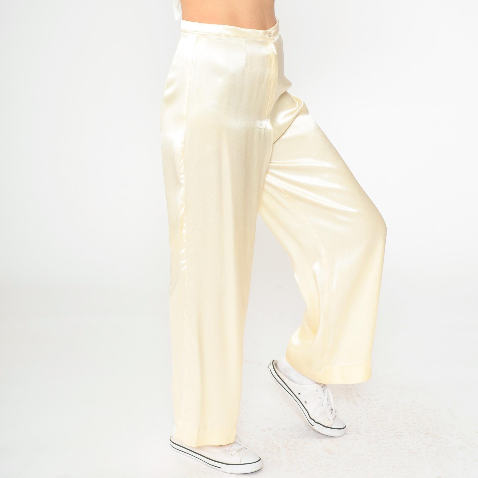 80s Cream Satin High-Rise Wide-Leg Trousers Small S