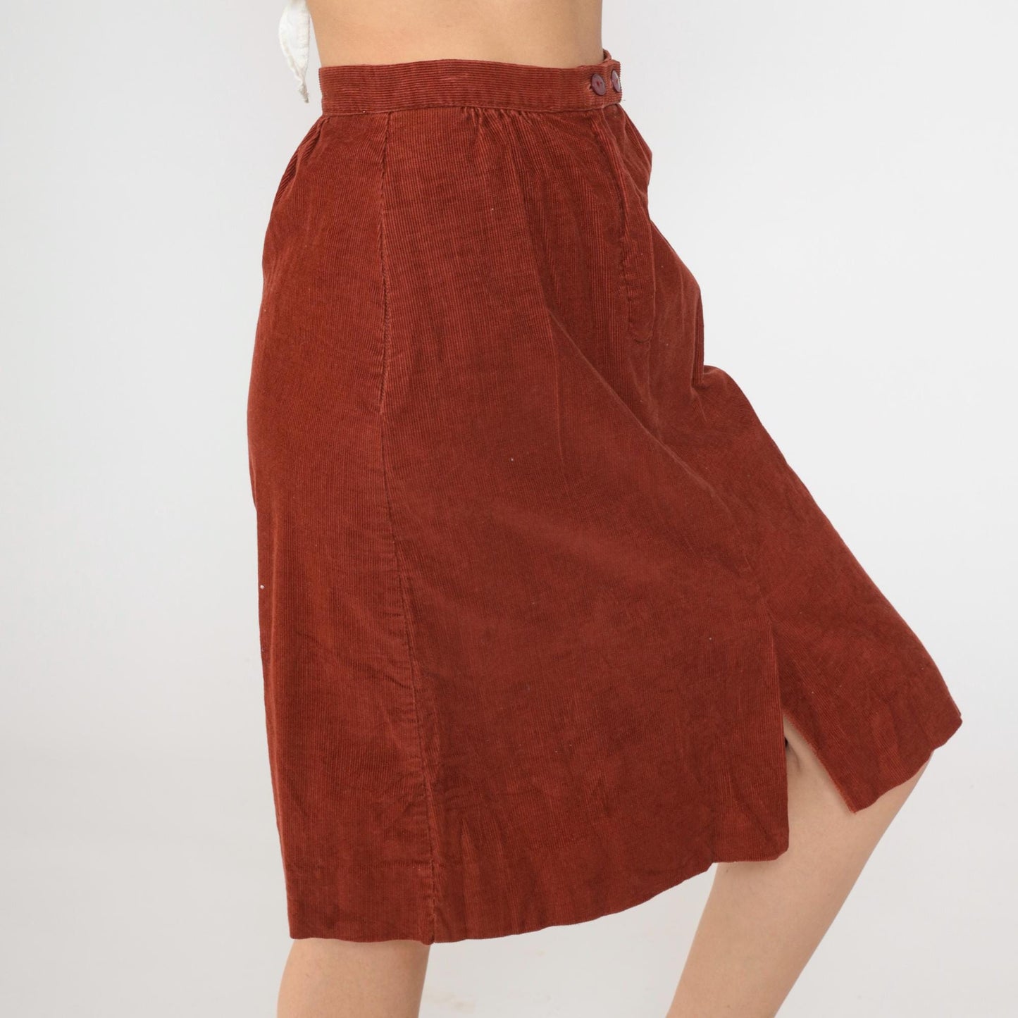 80s Rust Corduroy Midi Skirt High Waist Front Slit Pockets Small