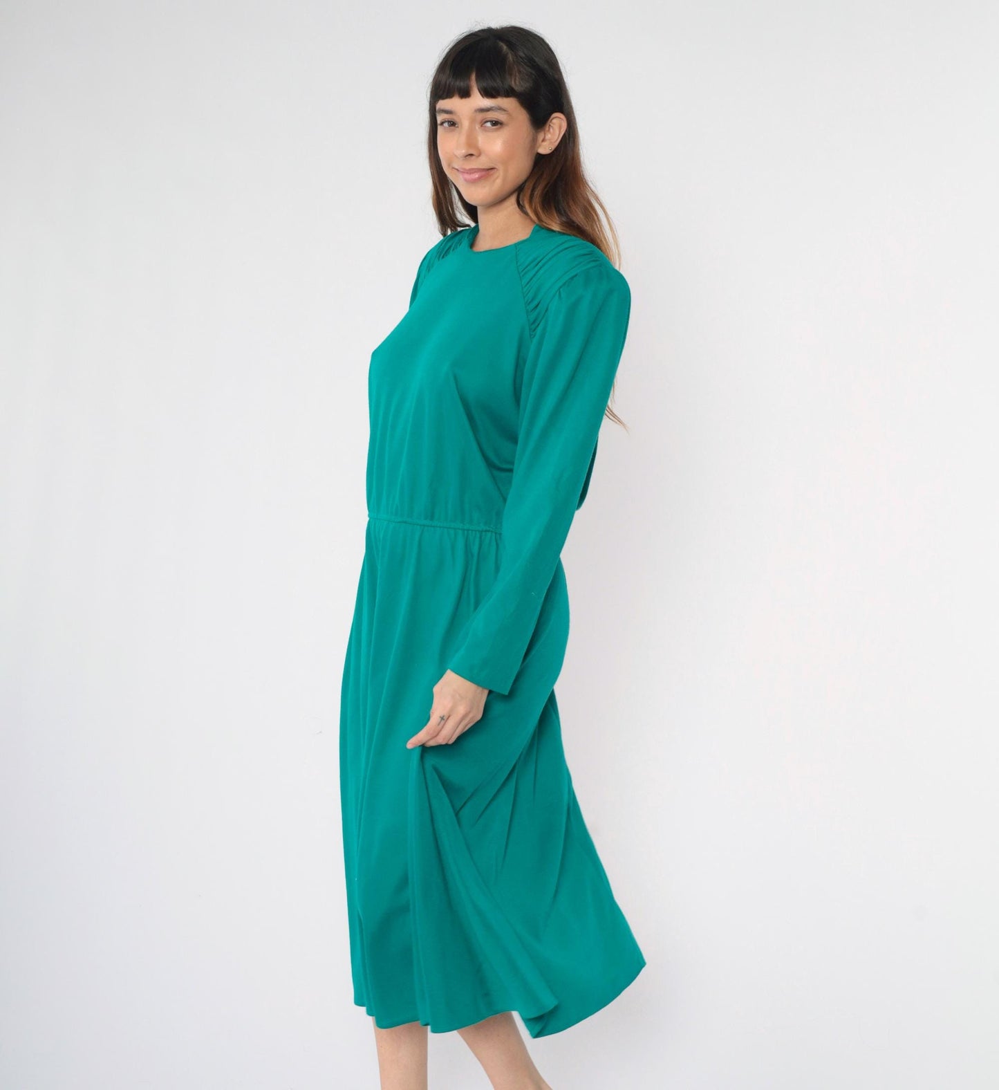 80s Teal Midi Dress Puff Sleeve High Waist Ruched Shoulders Large L