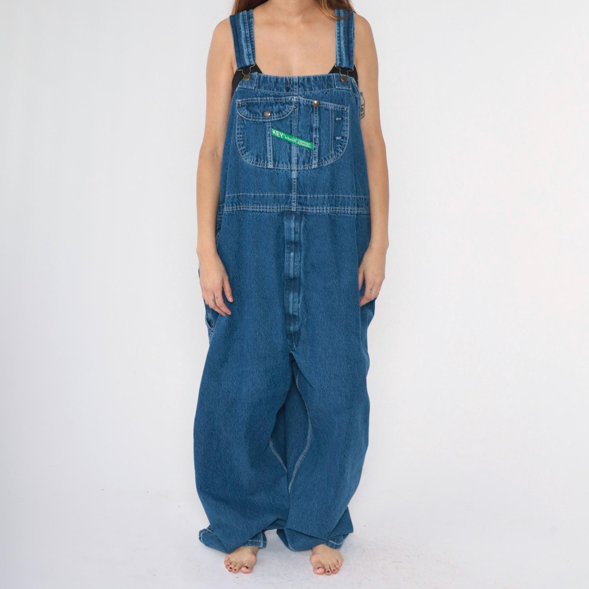 80s Key Imperial Blue Denim Overalls Baggy Carpenter Dungarees Men's 3XL