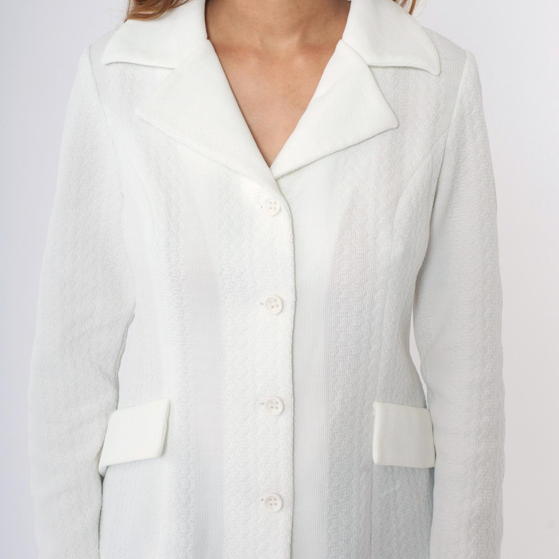 70s White Textured Polyester Blazer Button-Up Jacket Deep V Small