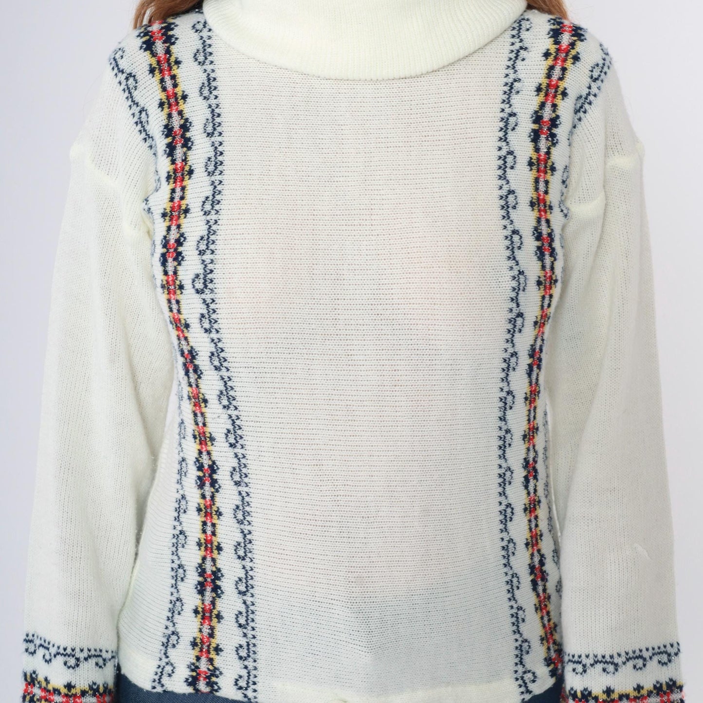70s White Turtleneck Sweater Metallic Floral Stripe Knit Wide Sleeve Small