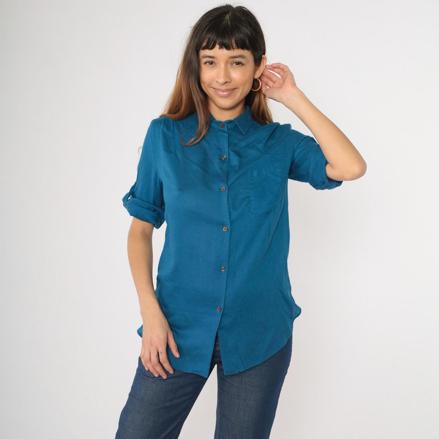 80s Blue Button-Up Blouse Roll Tab Sleeves Chest Pocket Small
