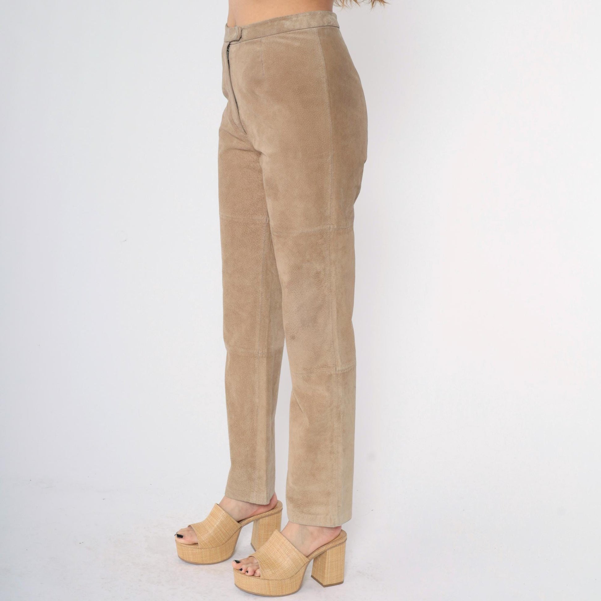 Y2K Tan Suede Leather Pants Straight Leg High Waist Modern Images Medium M