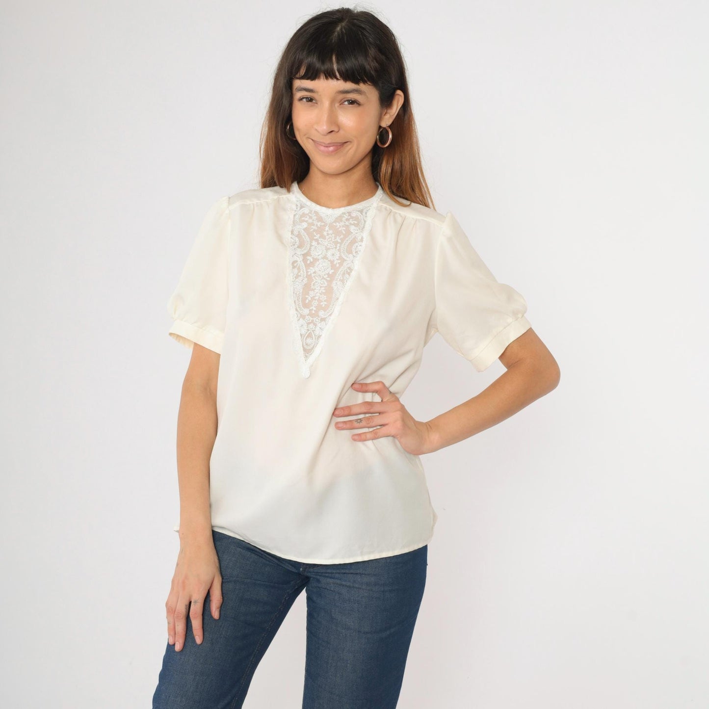 70s Victorian Cream Blouse Embroidered Lace Yoke Puff Sleeve Medium M