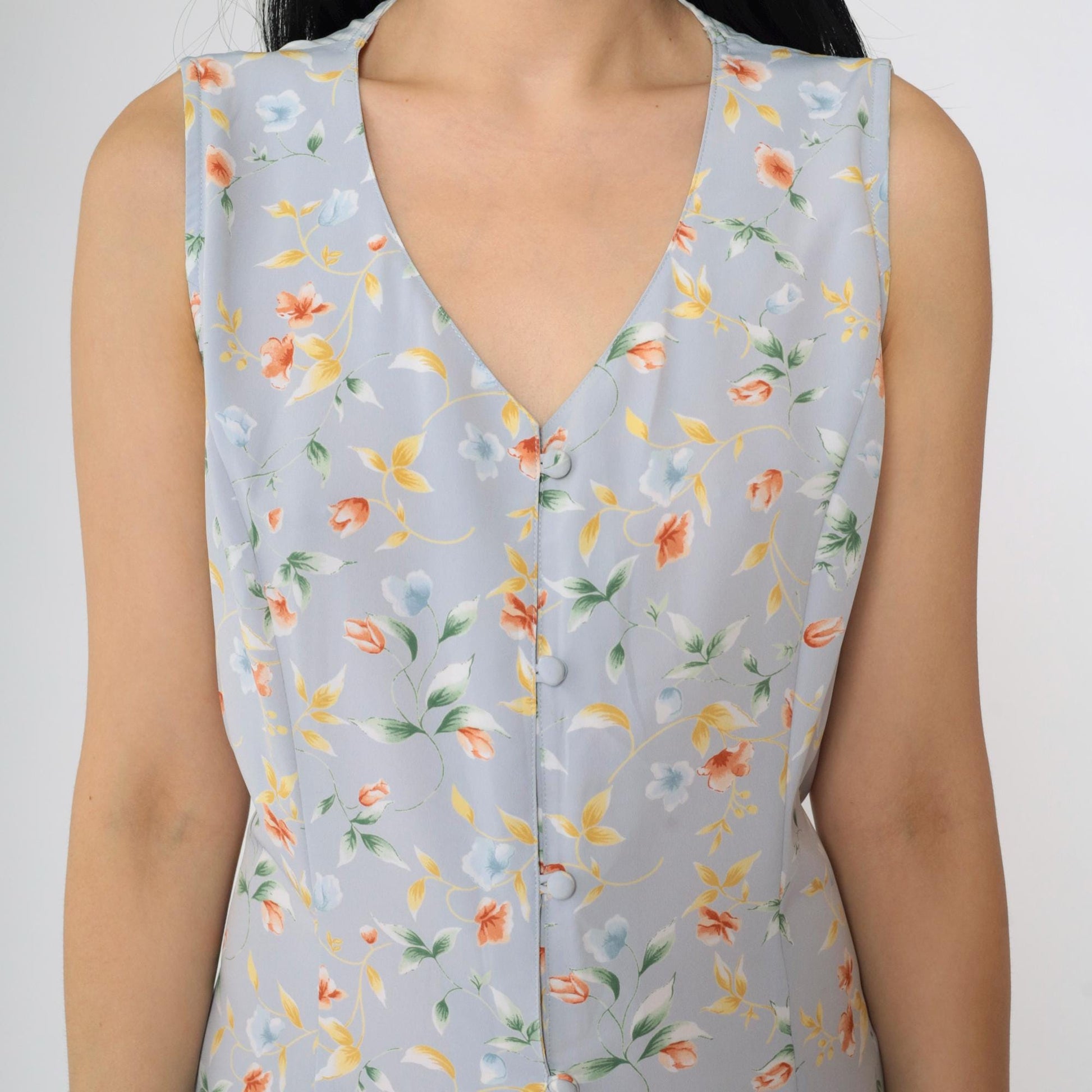 90s Grey-Blue Floral Maxi Dress Button-Up V-Neck Ankle Length Medium